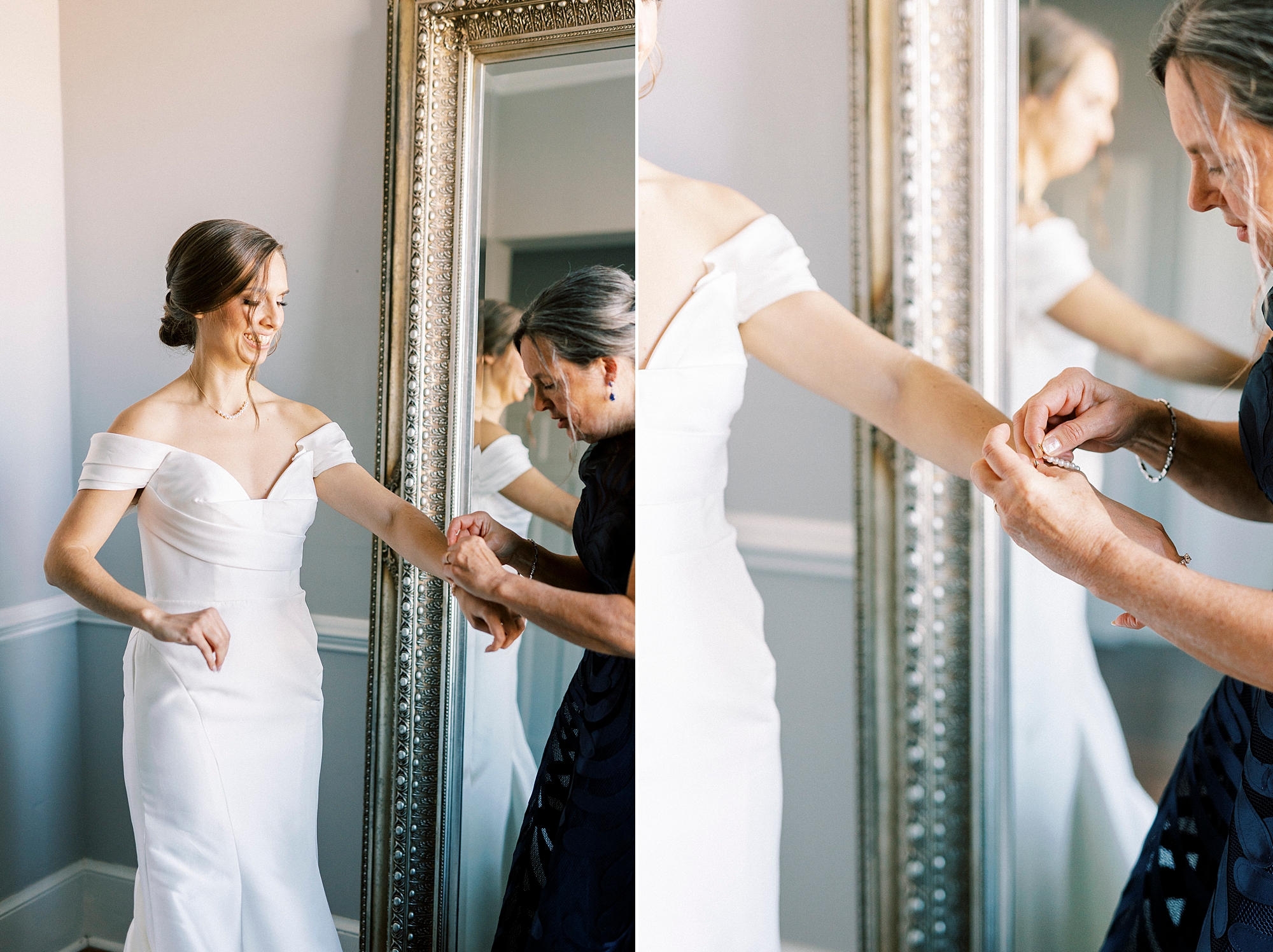 mother helps bride with jewelry on prep at Separk Mansion bridal suite