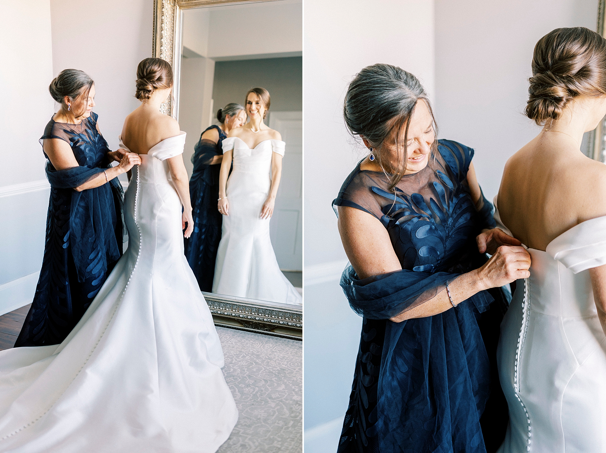 mother in navy gown helps bride into dress inside the Separk Mansion bridal suite
