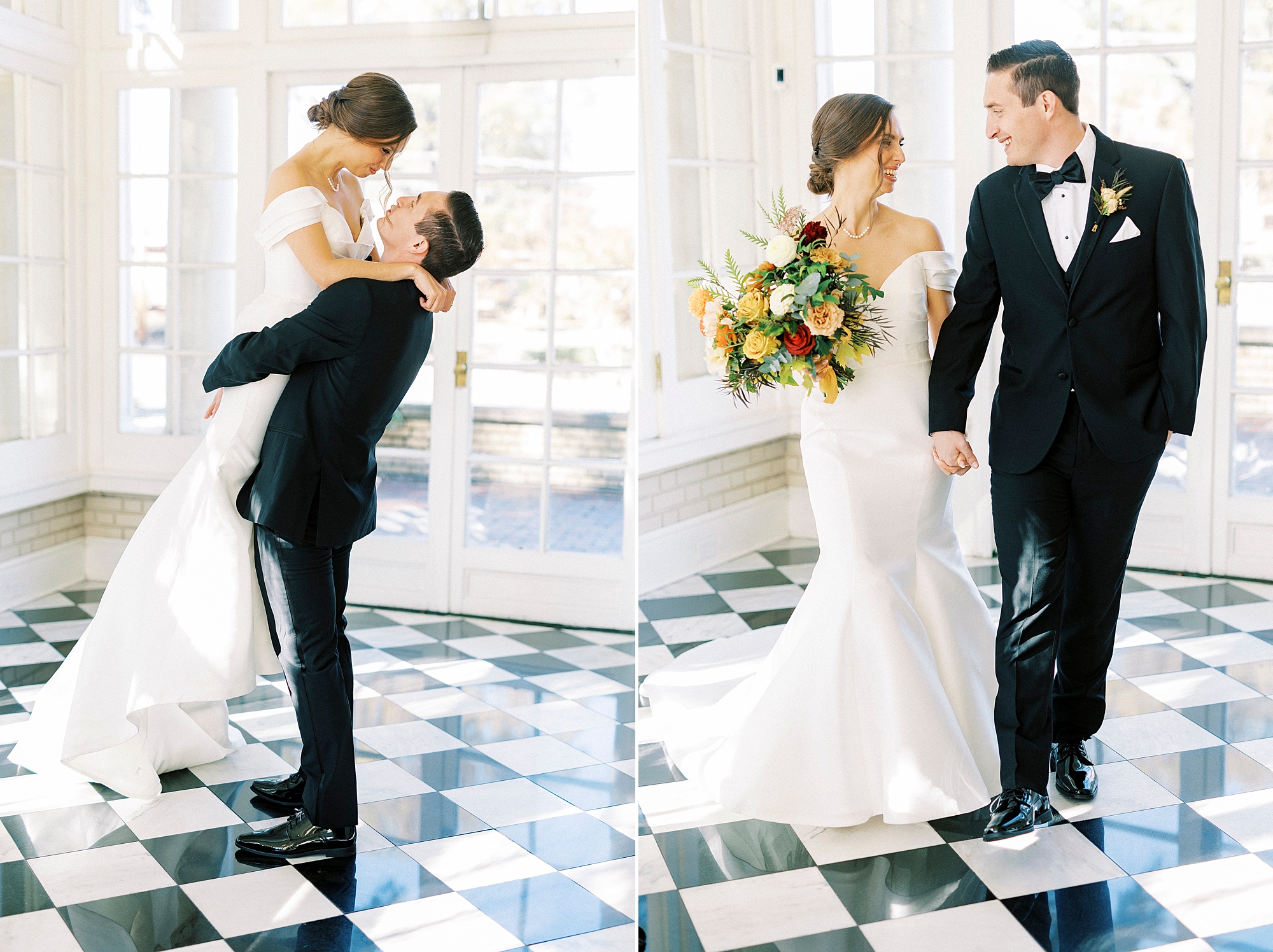 groom lifts up bride inside sunroom at Separk Mansion