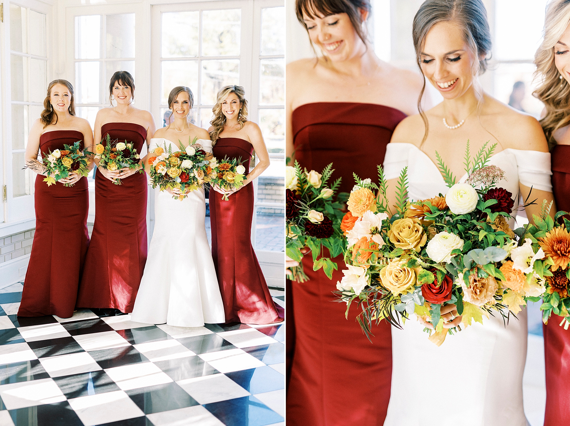 bride stands with bridesmaids in red gowns with fall bouquets at Separk Mansion