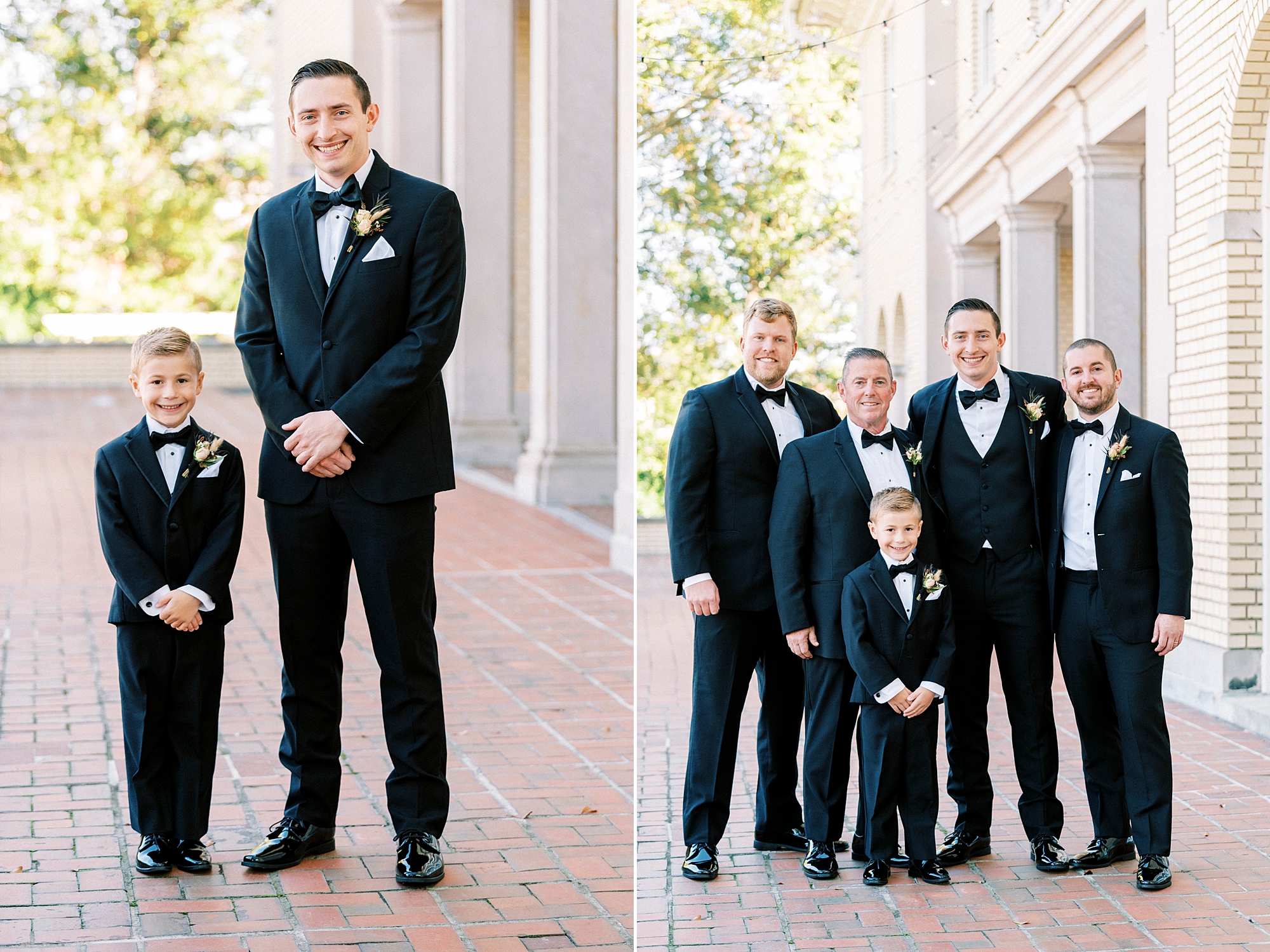 groom and groomsmen stand in black suits on patio at Separk Mansion