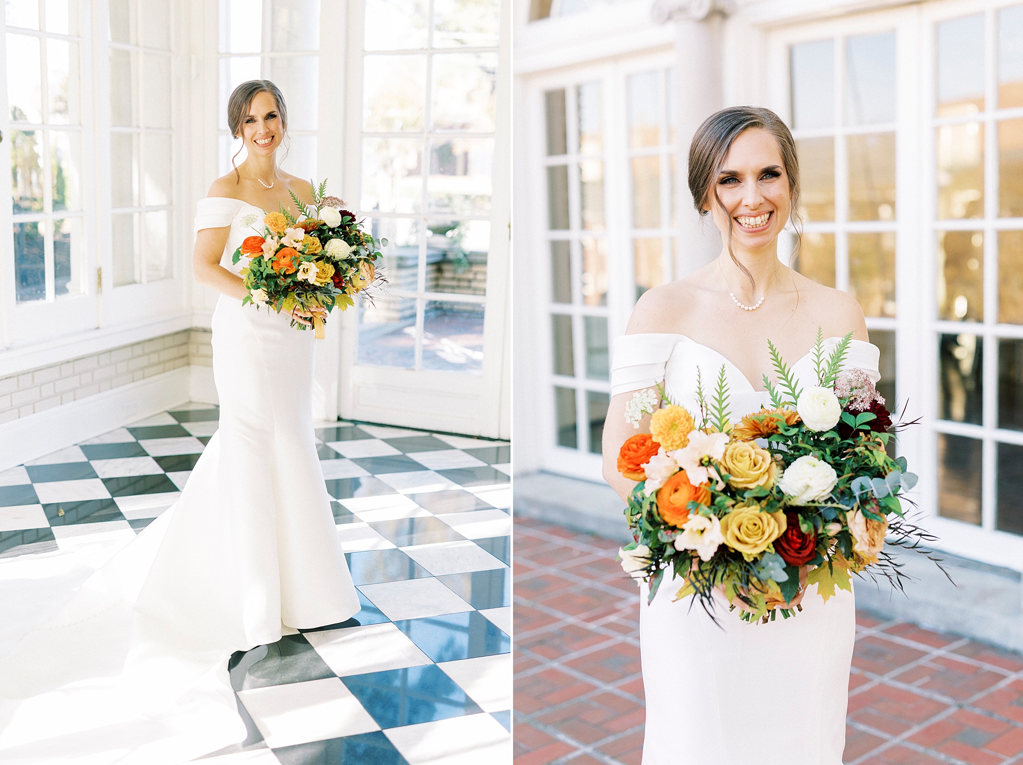 bride holds bouquet of fall flowers with yellow, orange, and white flowers 
