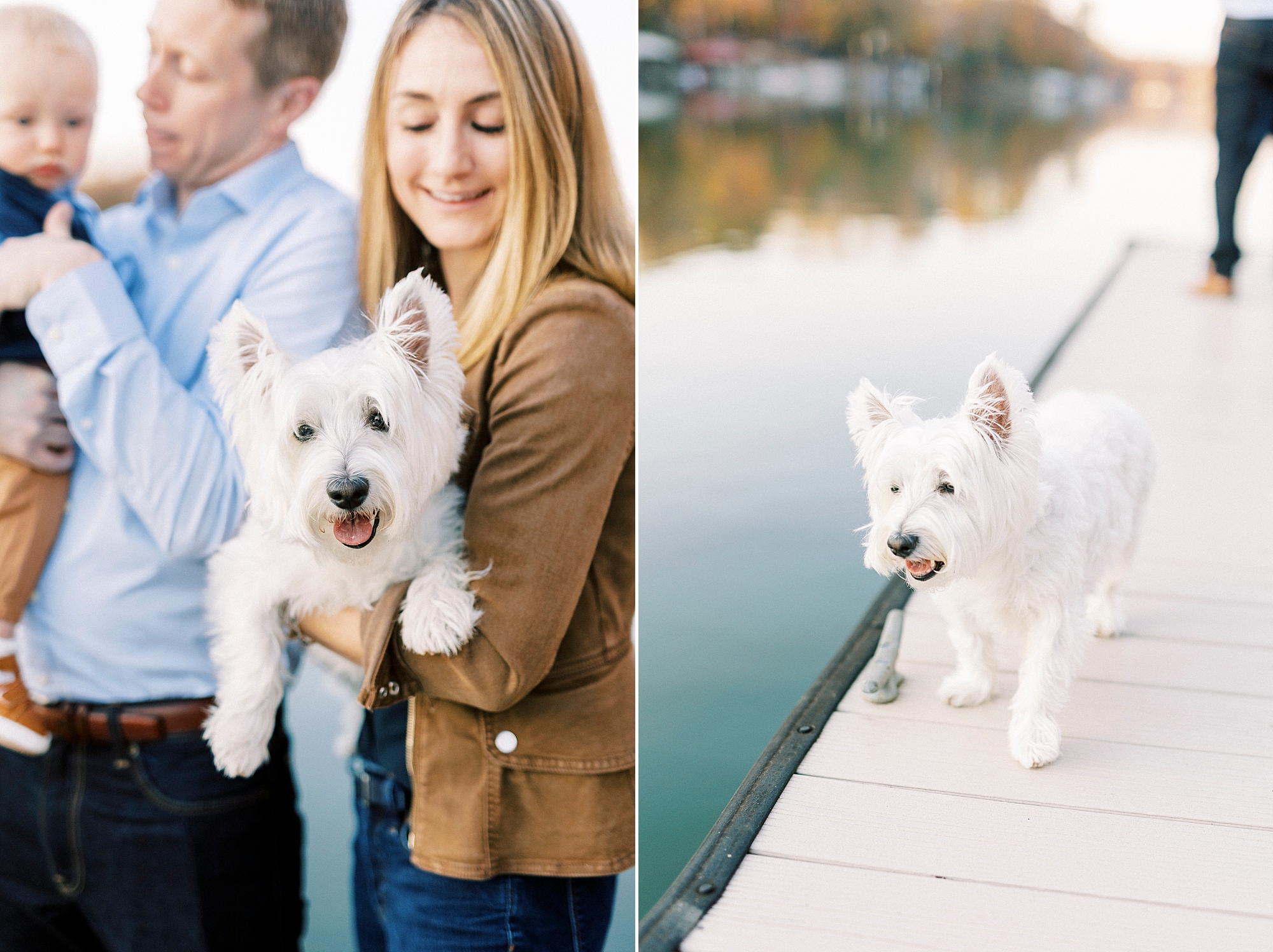 mom holds small white dog on dock near Charlotte NC home