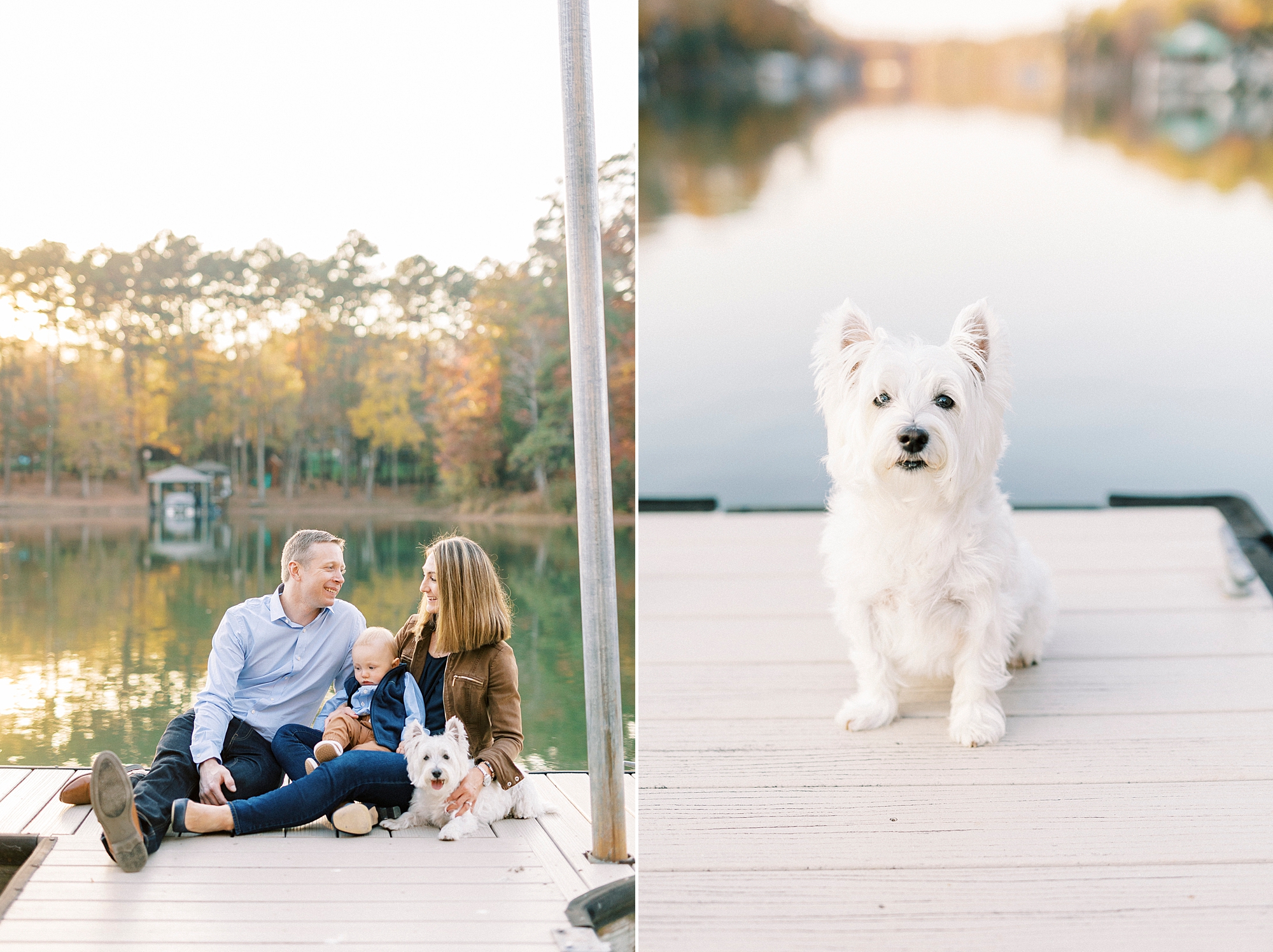 parents sit on end of dock with white dog and son between them during fall family portraits at Charlotte home