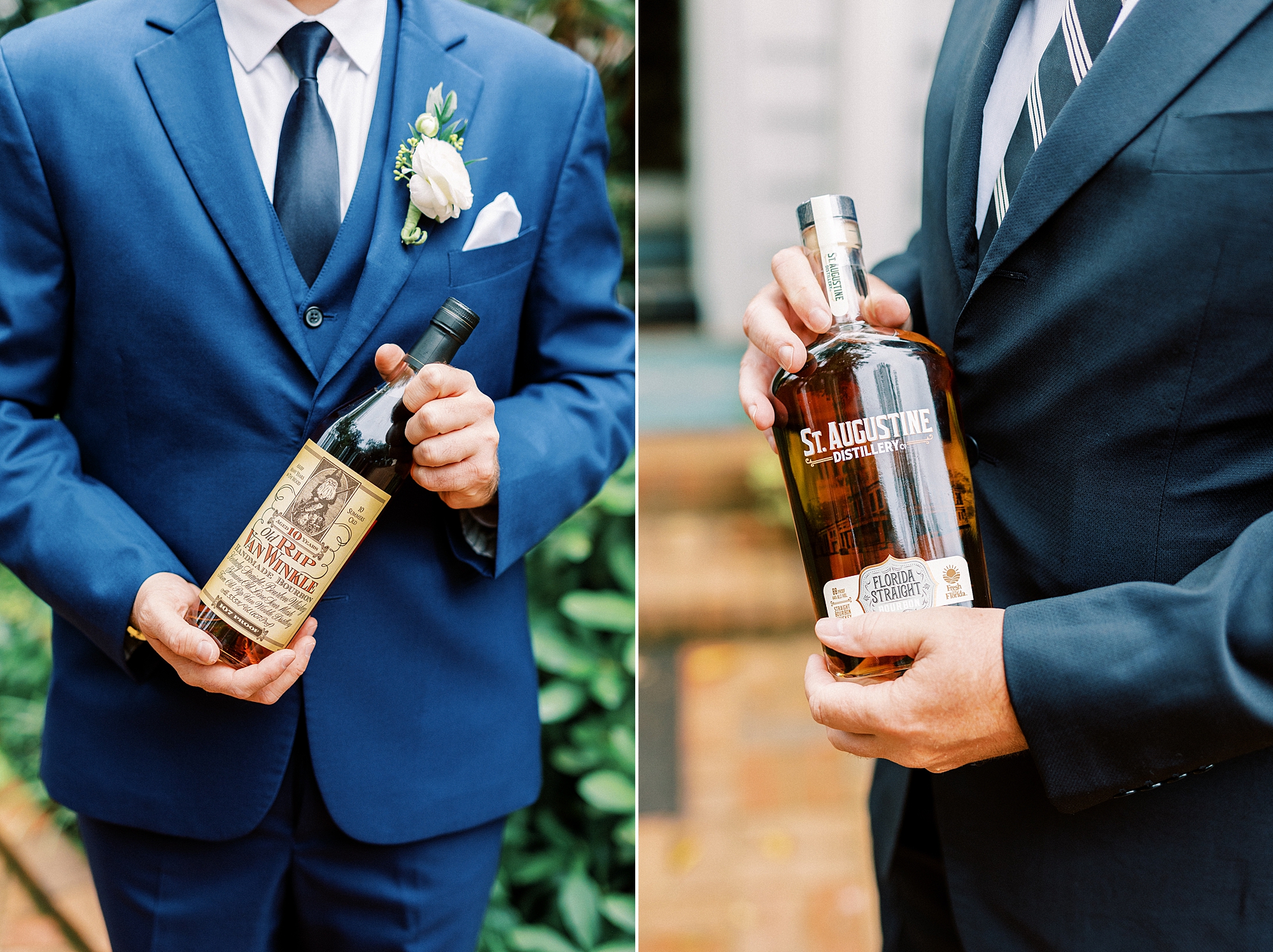 groom holds bottle of bourbon during fall wedding day