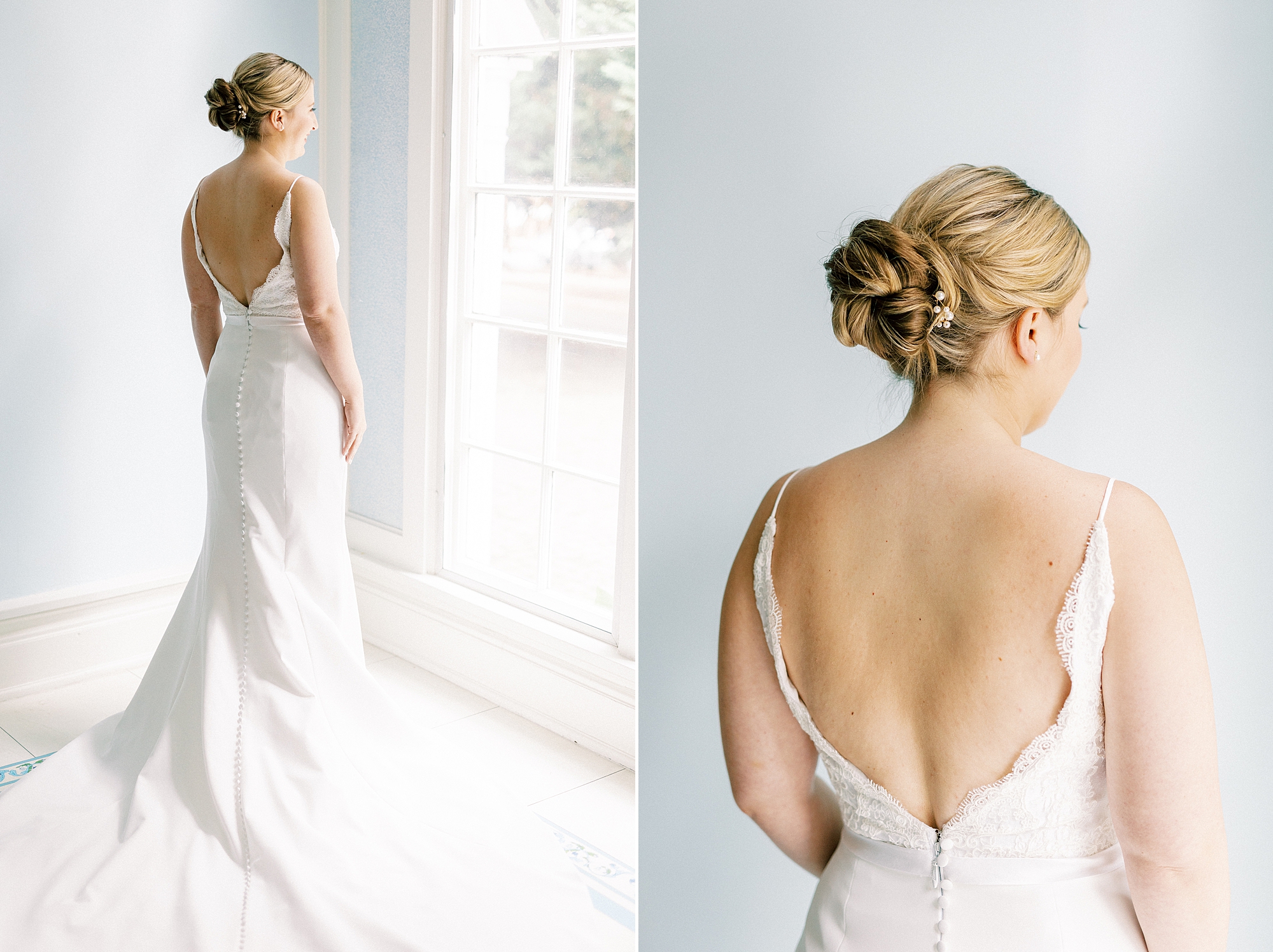 bride looks out window showing off back of wedding gown with bun 