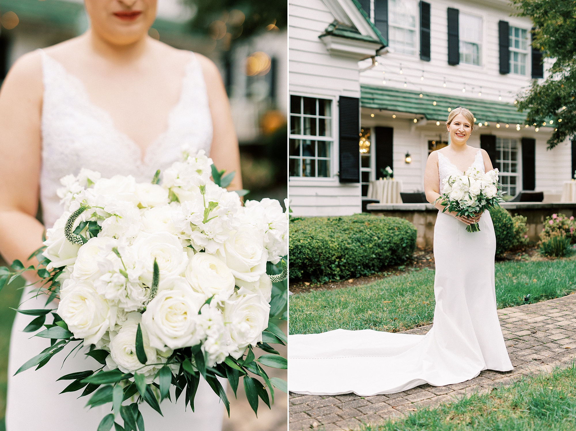 bride holds bouquet of ivory flowers outside the Morehead Inn