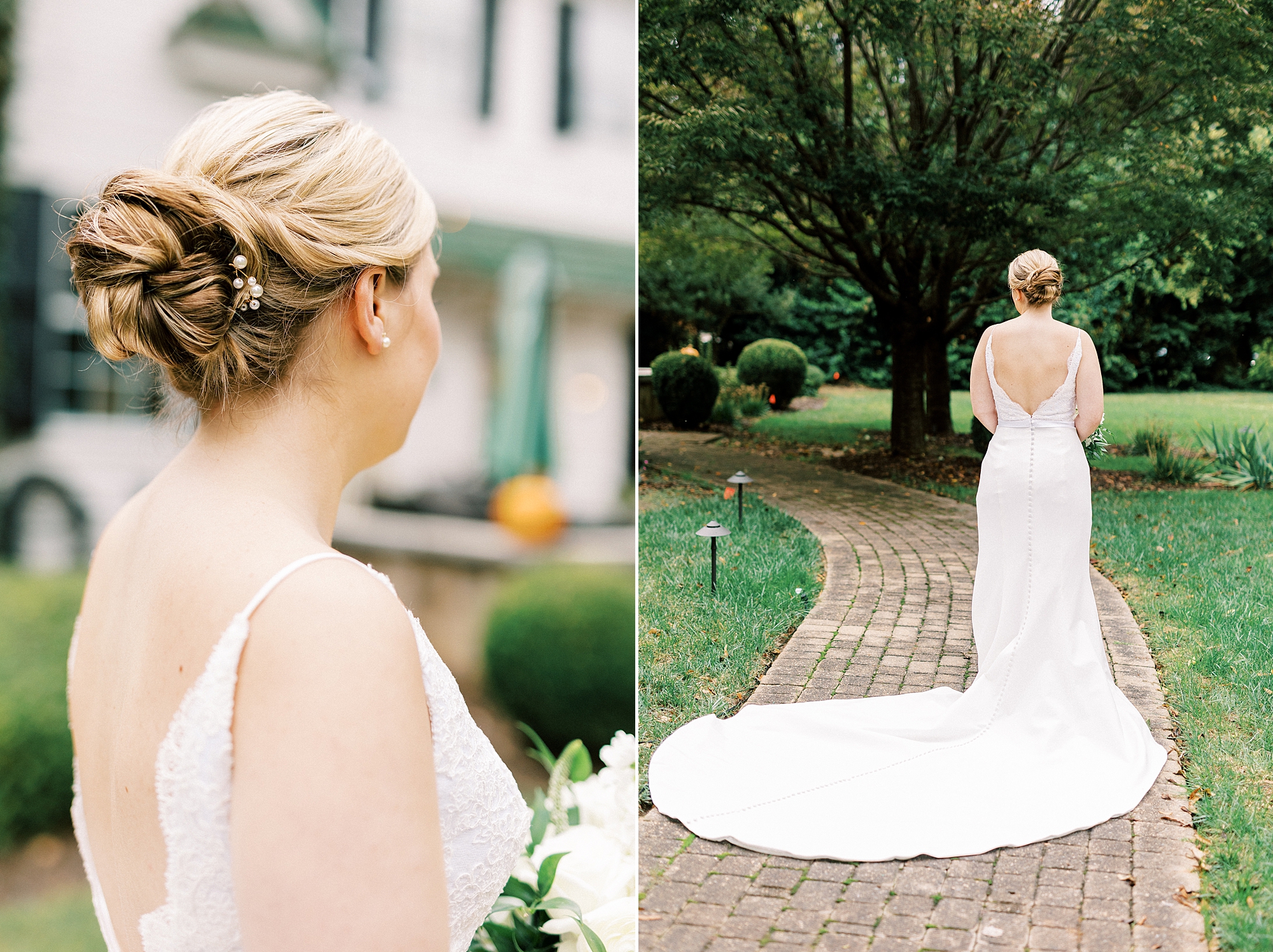 bride shows off back of gown and hair up in bun in front of the Morehead Inn