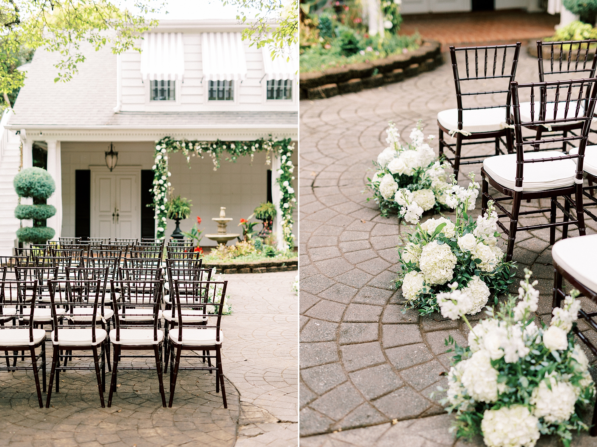 wedding reception on patio at the Morehead Inn with white flowers outlining aisle 