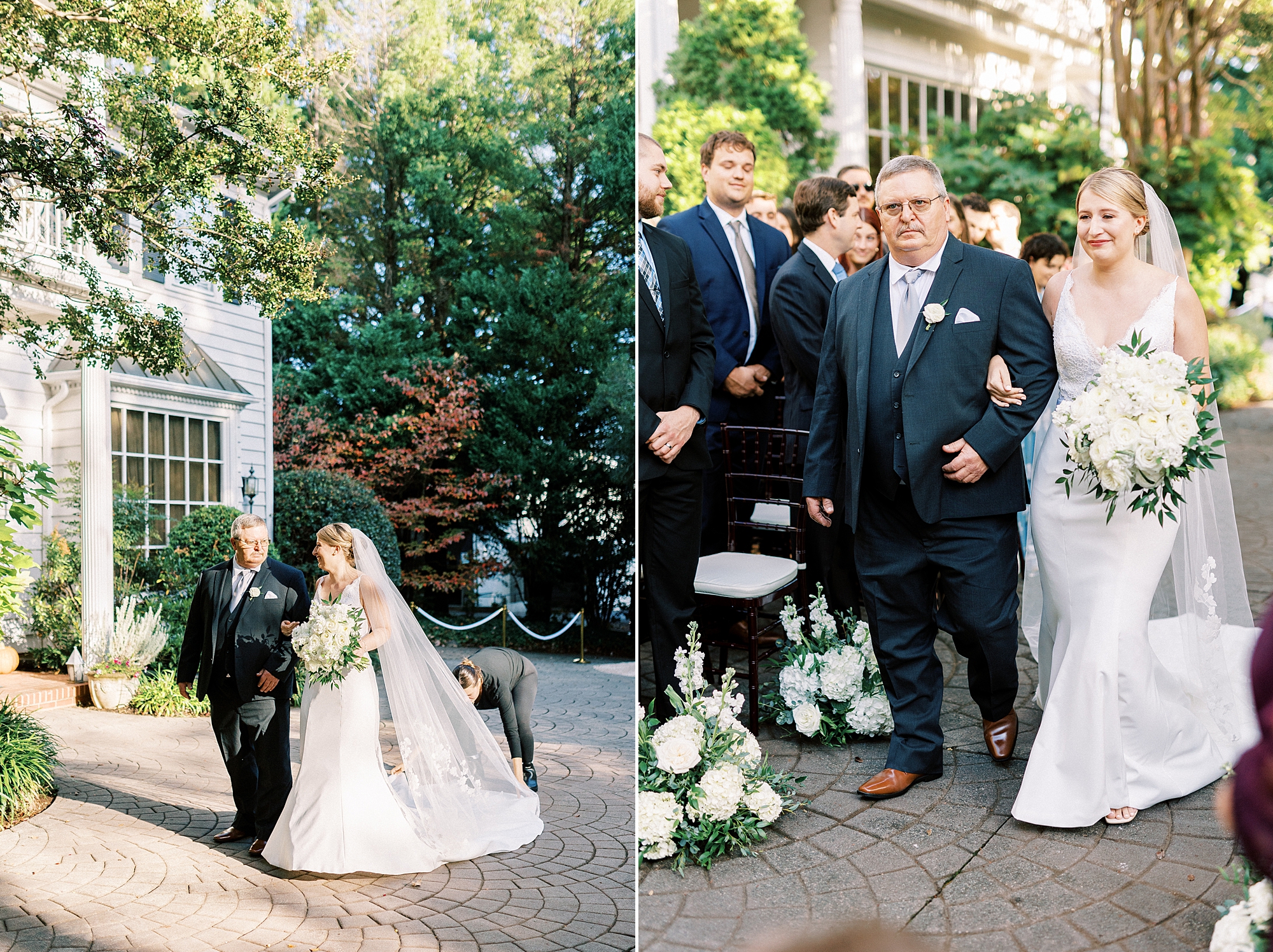 bride and father walk down aisle before wedding ceremony at the Morehead Inn