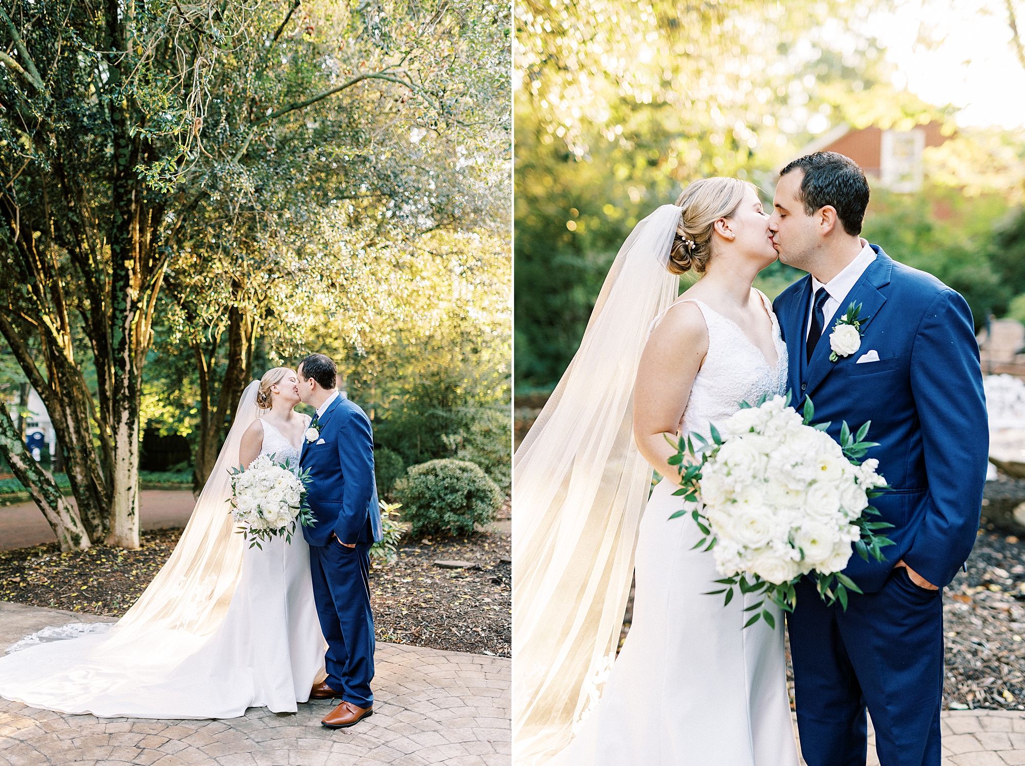 bride and groom kiss during summer wedding day at the Morehead Inn
