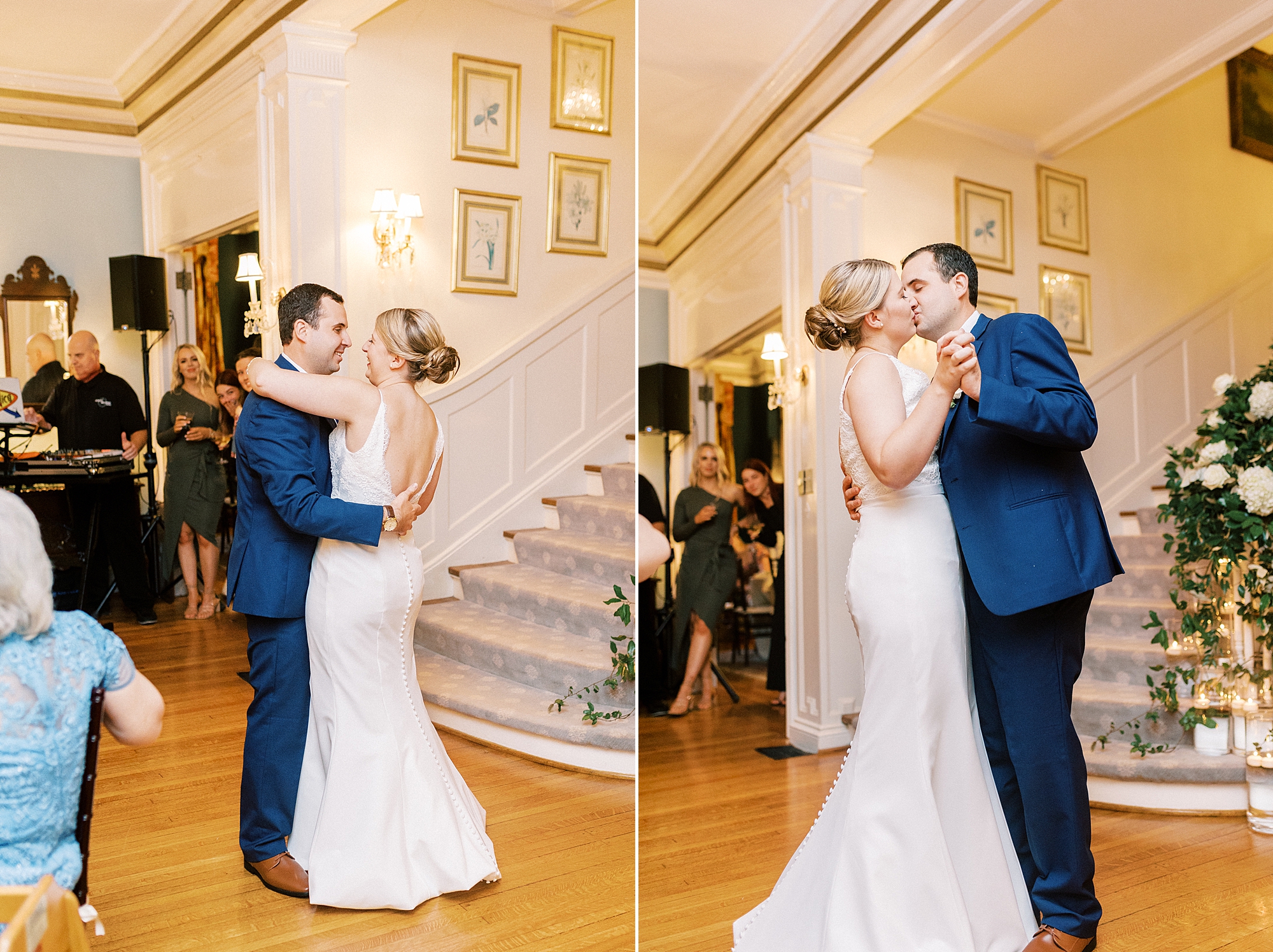 bride and groom kiss on dance floor at the Morehead Inn