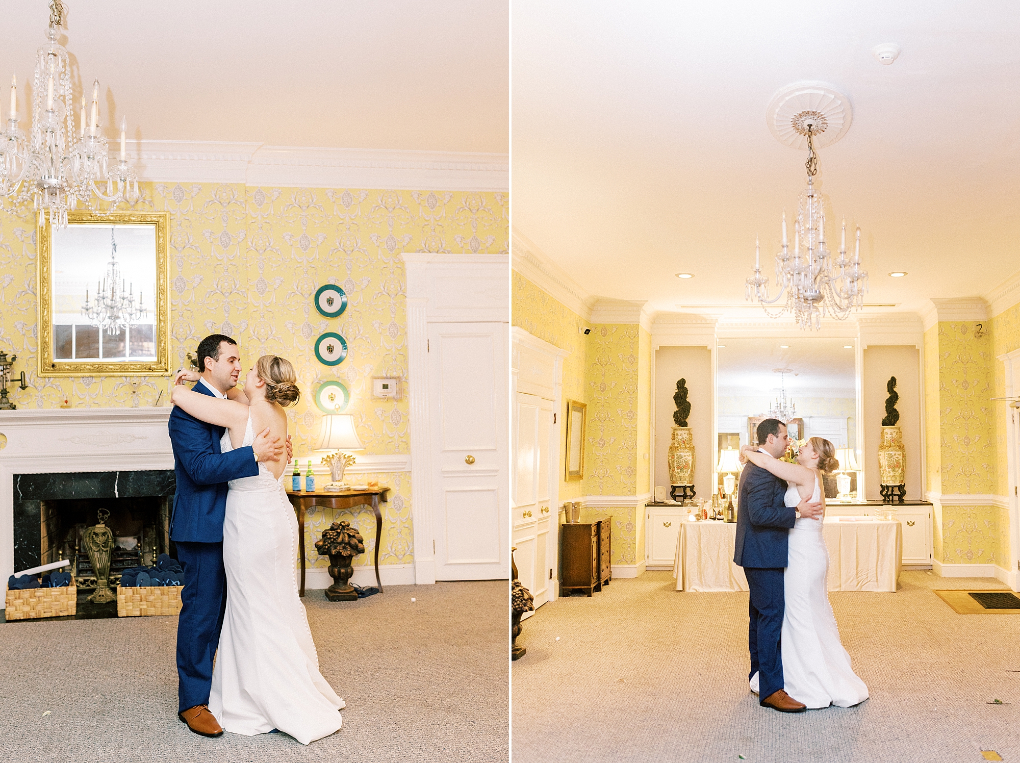bride and groom dance during fall wedding reception at the Morehead Inn