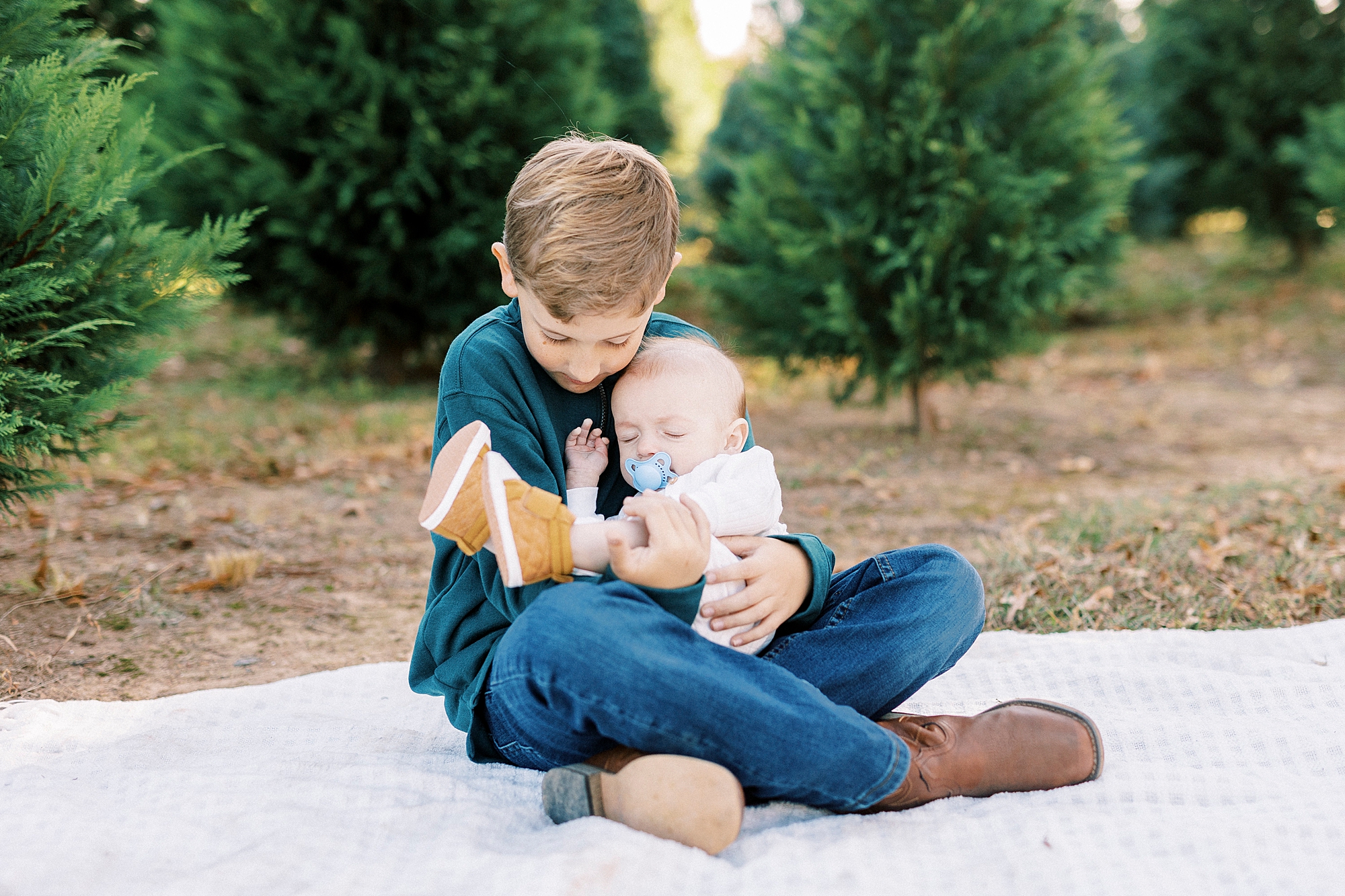 bother rocks baby in lap on white blanket between trees at Almond Christmas Tree Farm