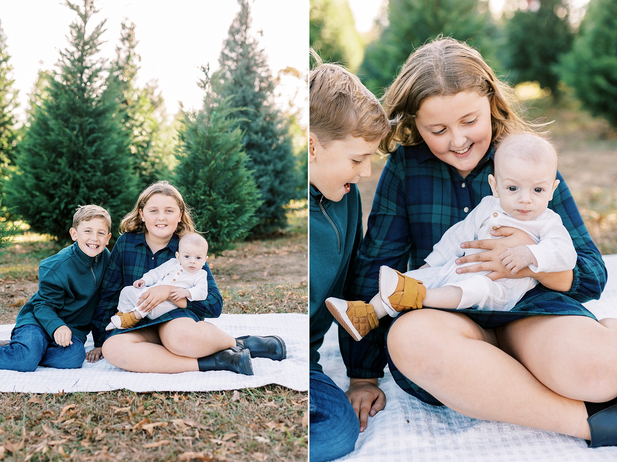 siblings hug baby and smile in front of trees at Almond Christmas Tree Farm