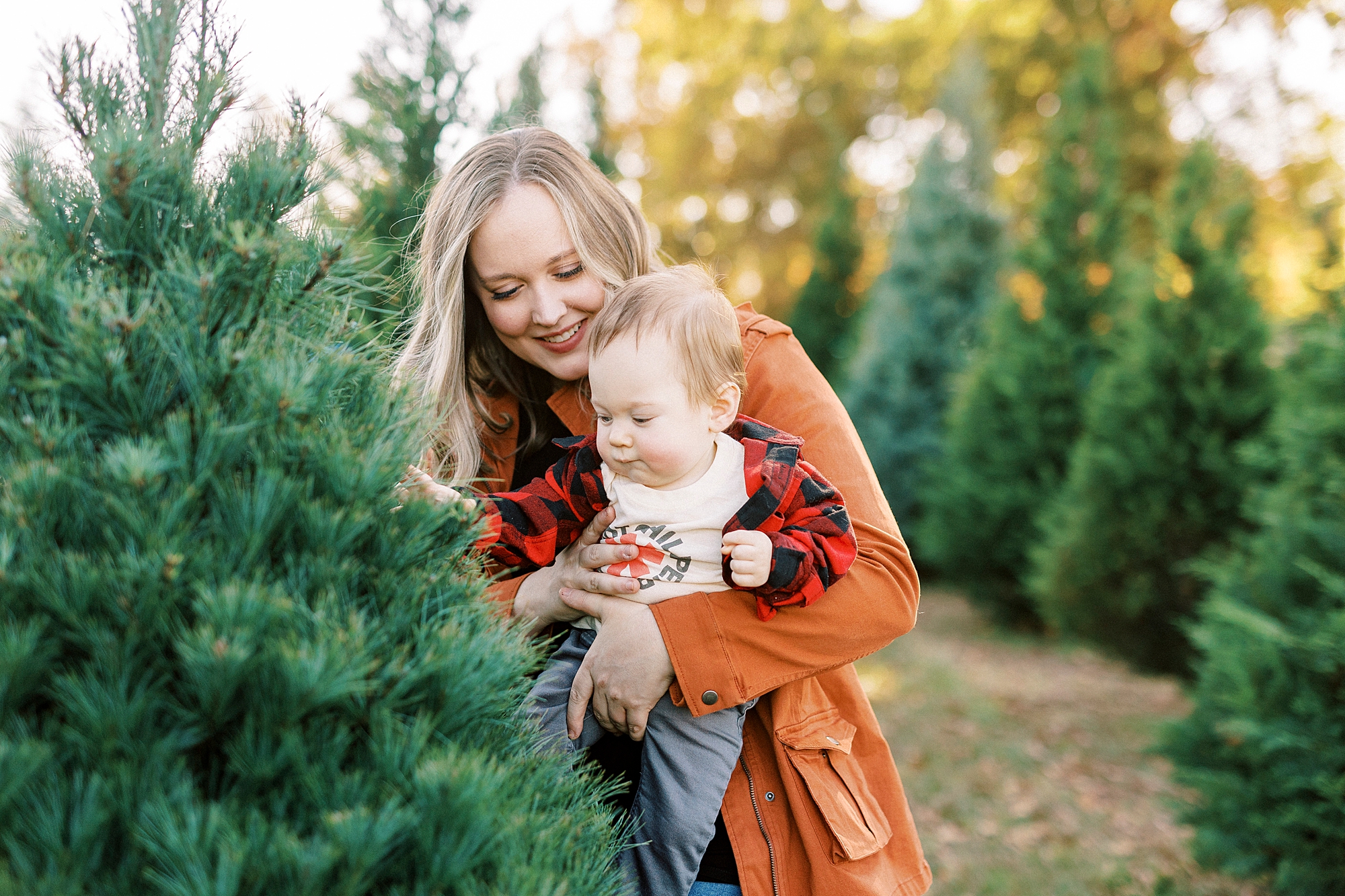 mom in orange sweater holds baby up to feel trees