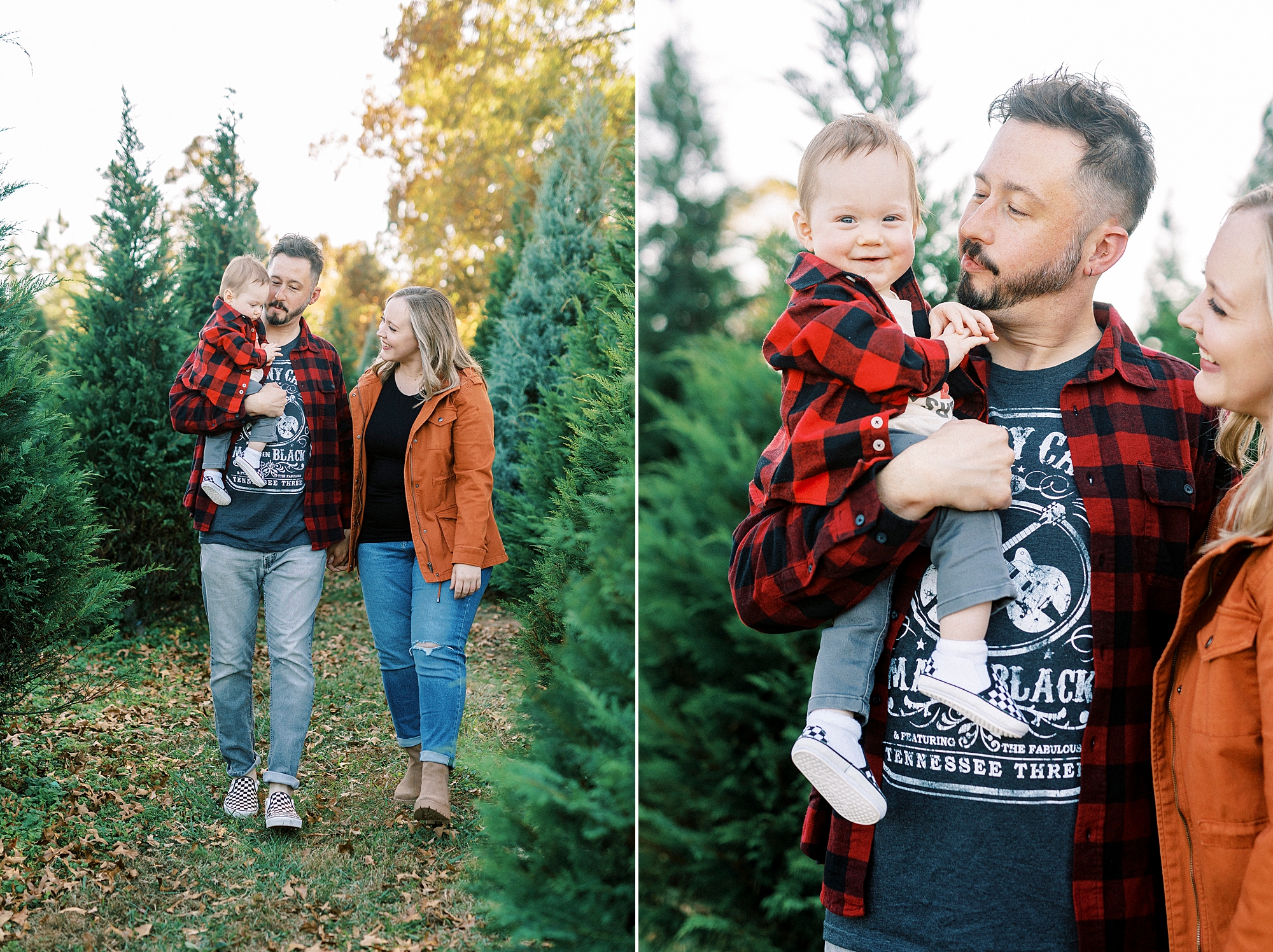 dad holds baby on hip and hugs wife walking between Christmas trees 