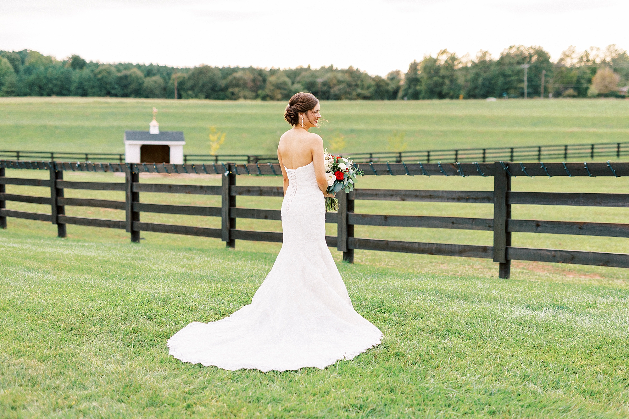 bride faces fence showing off back of wedding gown