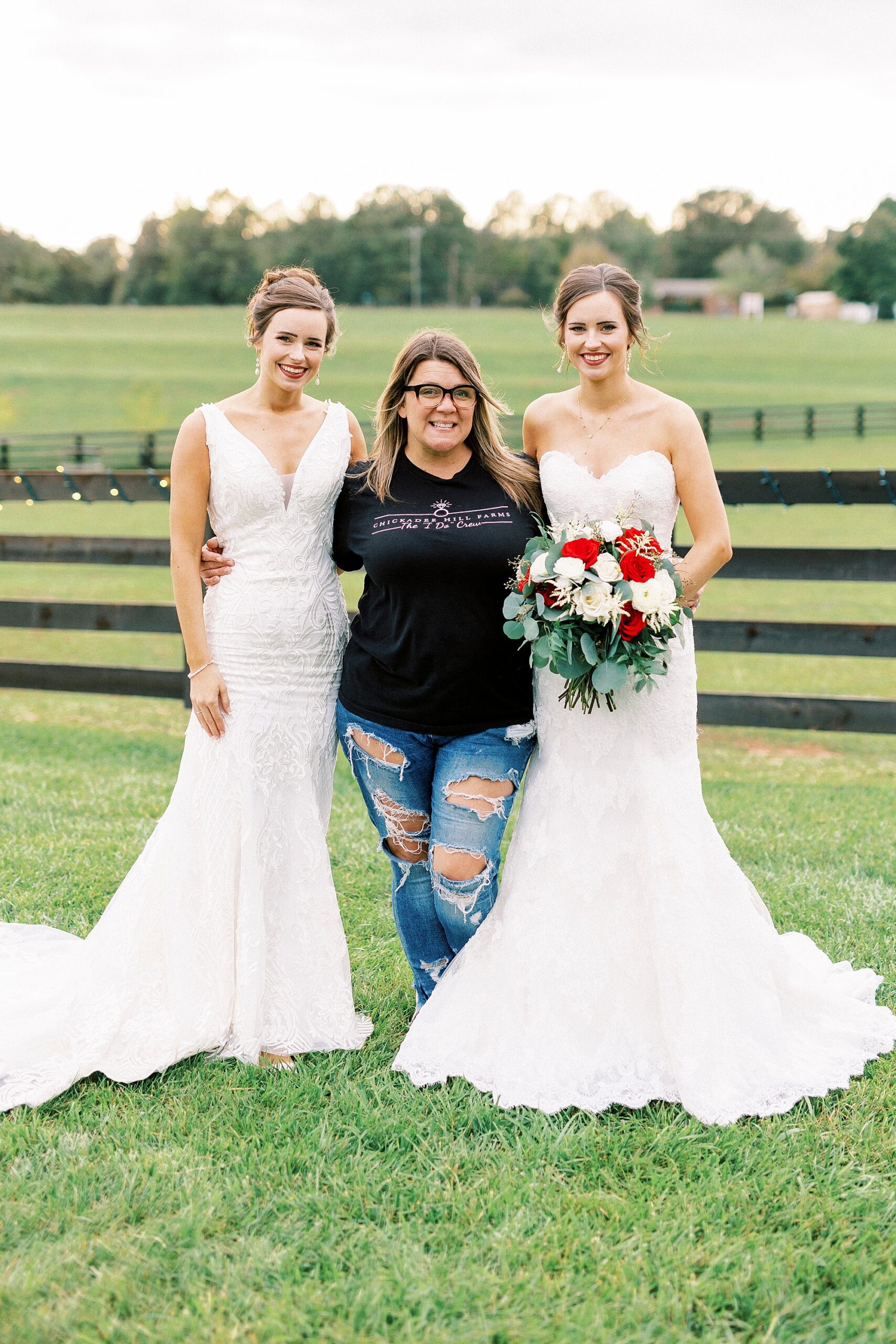 bride poses with sister and mom during Chickadee Hill Farms bridal portraits 