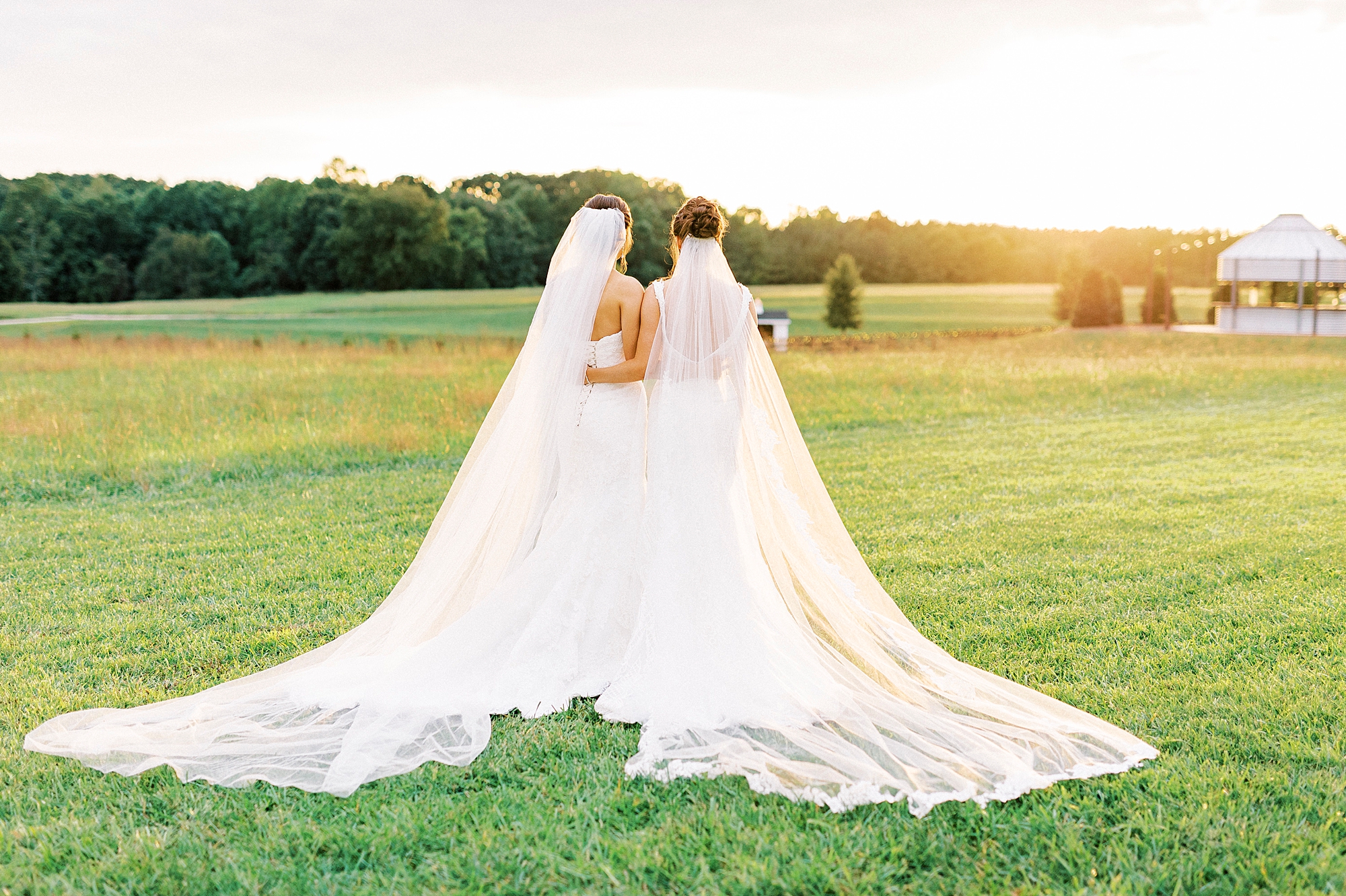 two sisters hug in wedding gowns looking at sunset at Chickadee Hill Farms