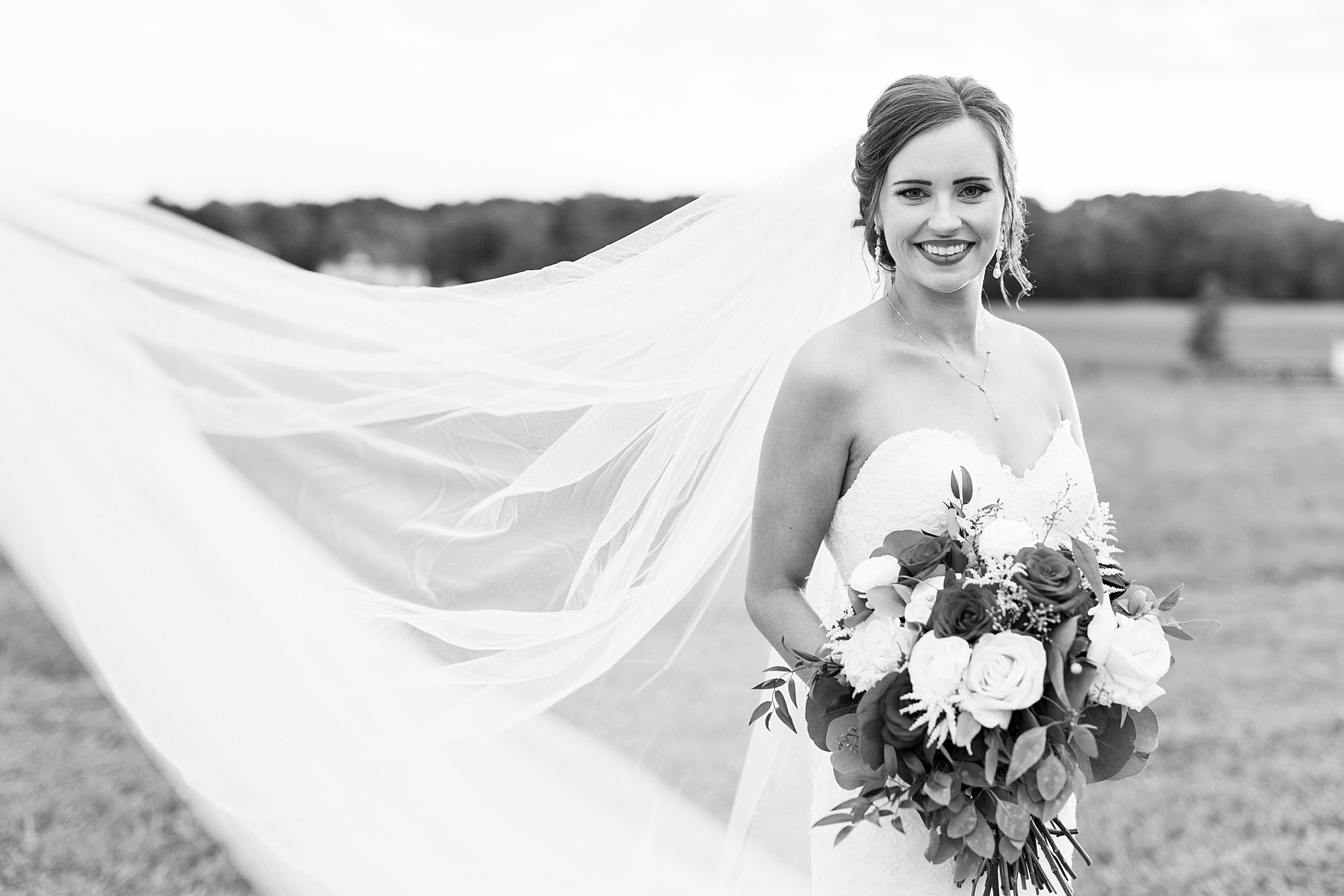 bride stands with veil floating behind her at Chickadee Hill Farms