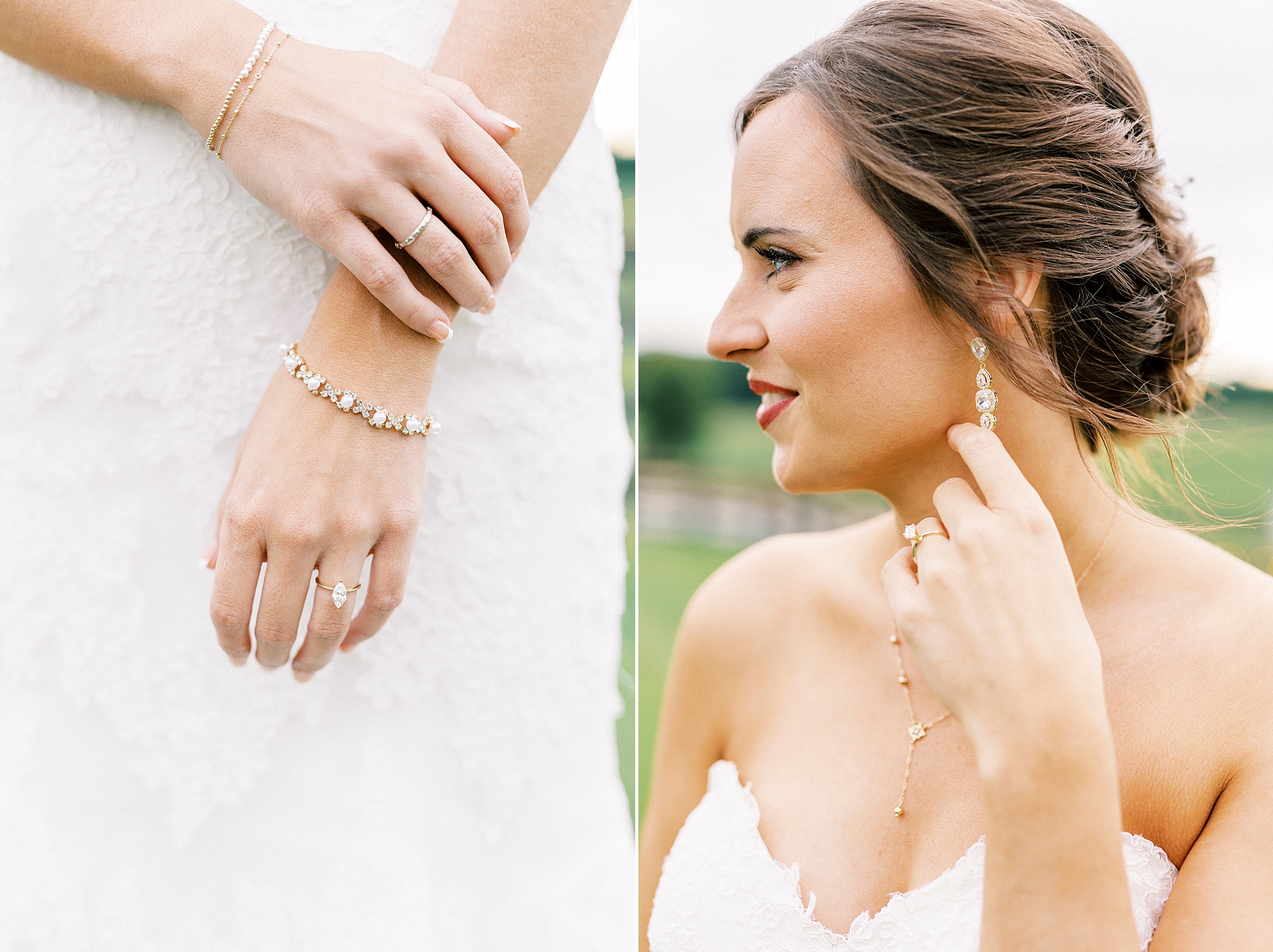 bride shows off earrings and bracelet during Chickadee Hill Farms bridal portraits 