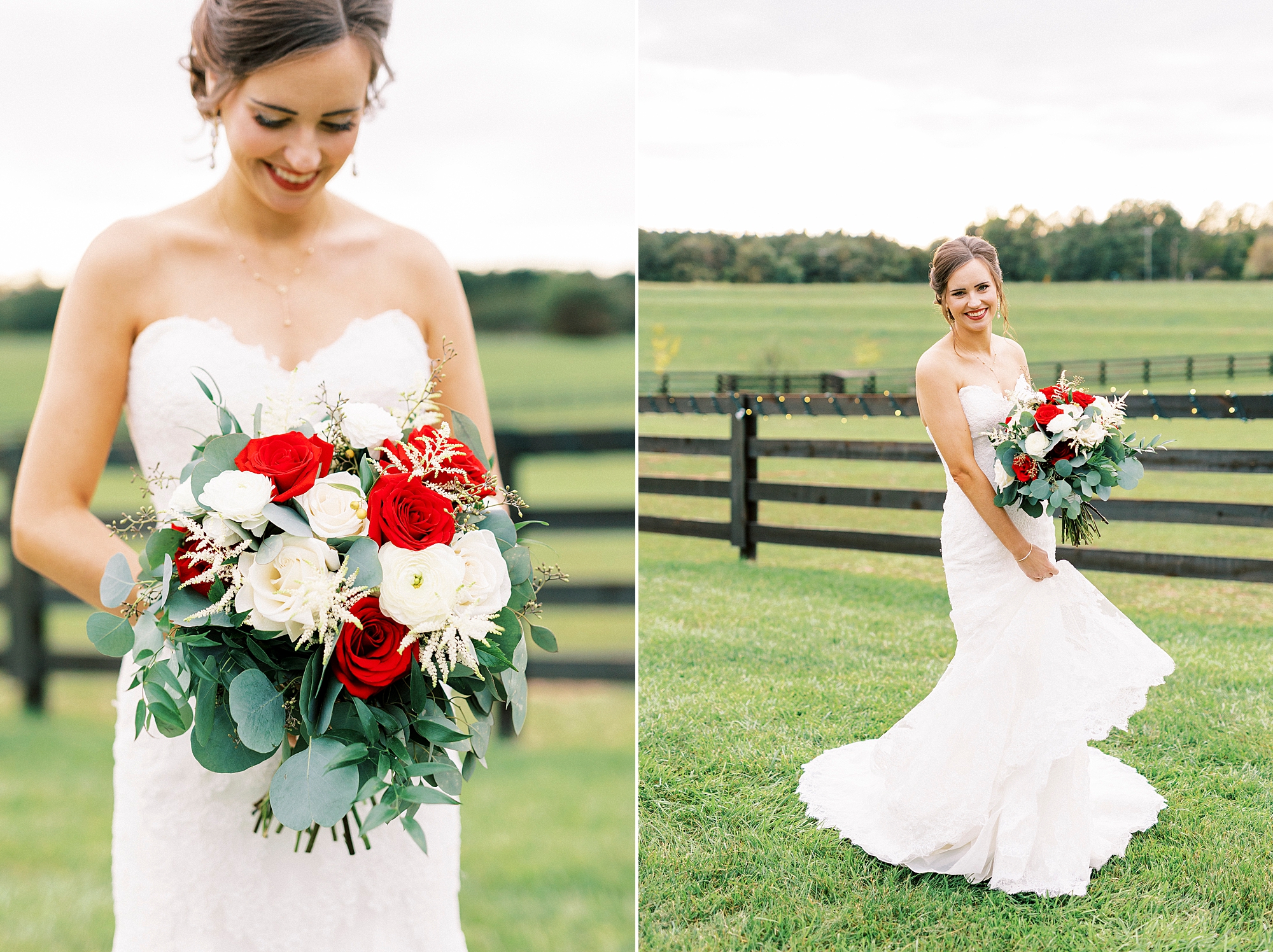 bride looks down at bouquet of white and red flowers by fence at Chickadee Hill Farms