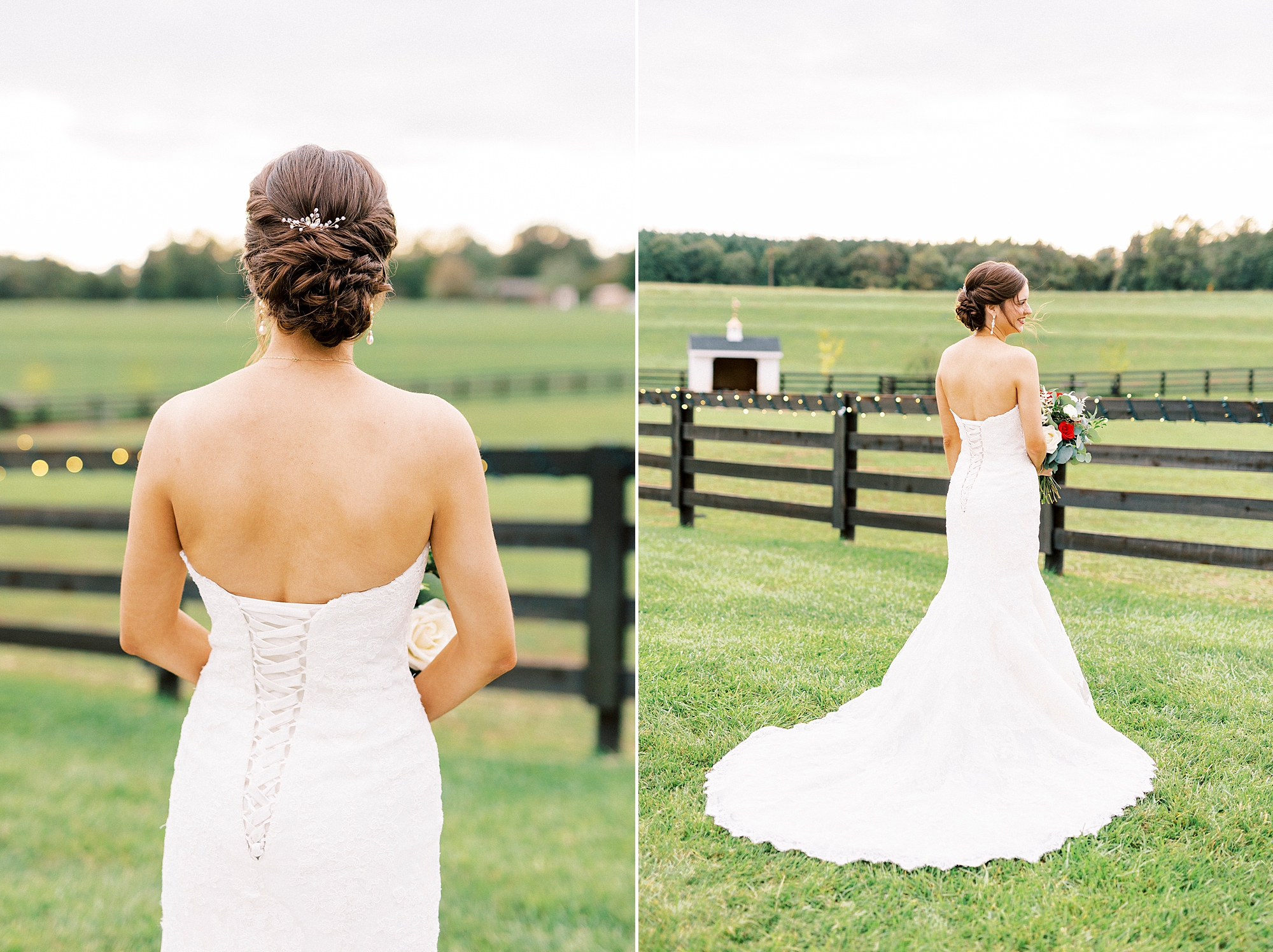 bride walks towards fence showing off back of strapless wedding gown 