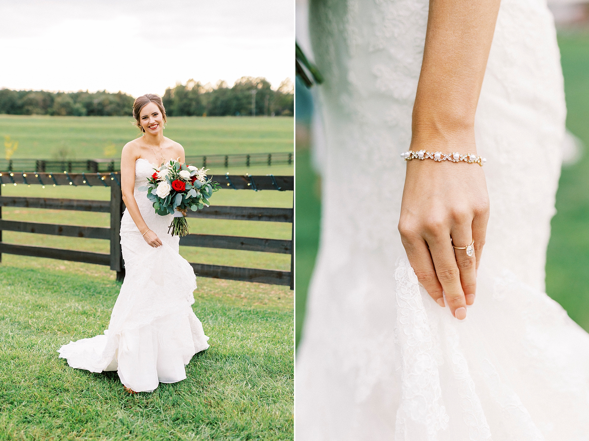 bride walks in wedding dress with bracelet at Chickadee Hill Farms