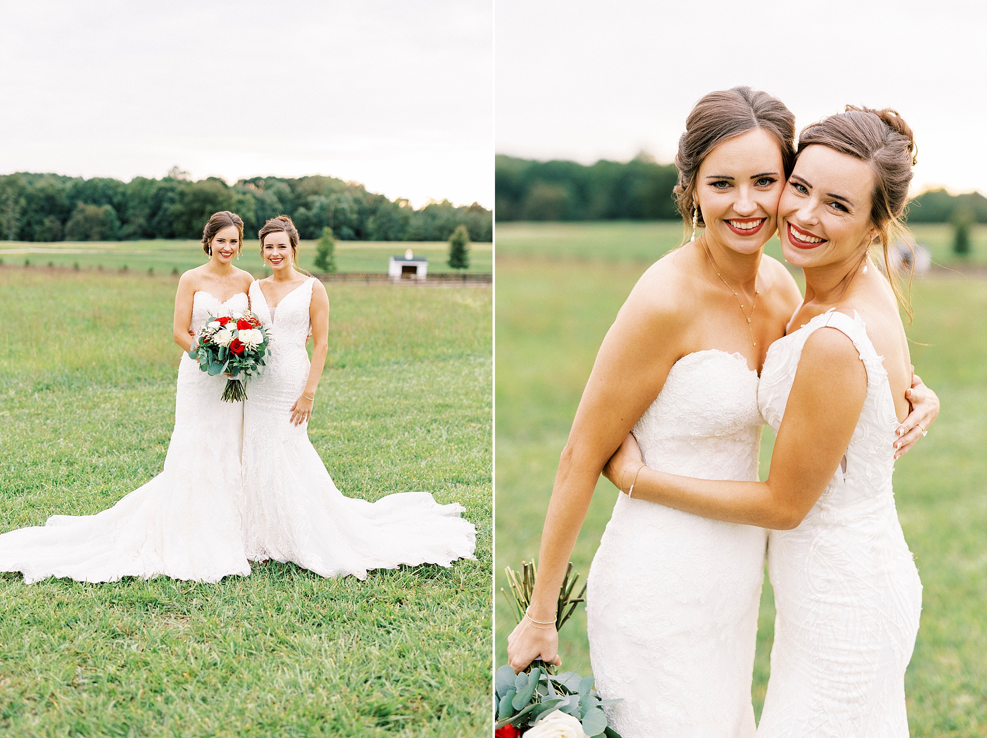 bride and sister hug in wedding dresses at Chickadee Hill Farms 