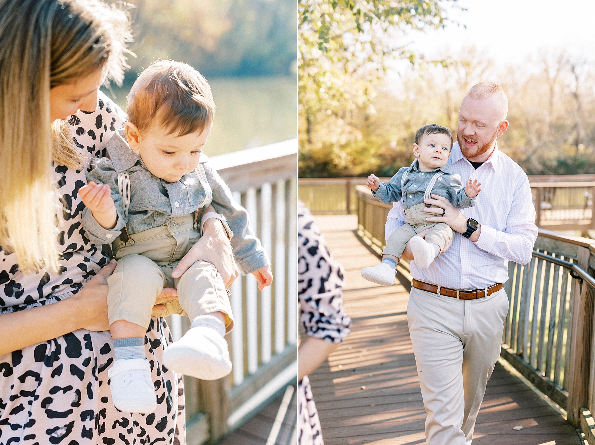 mom holds baby boy on hip while dad carries son on bridge 
