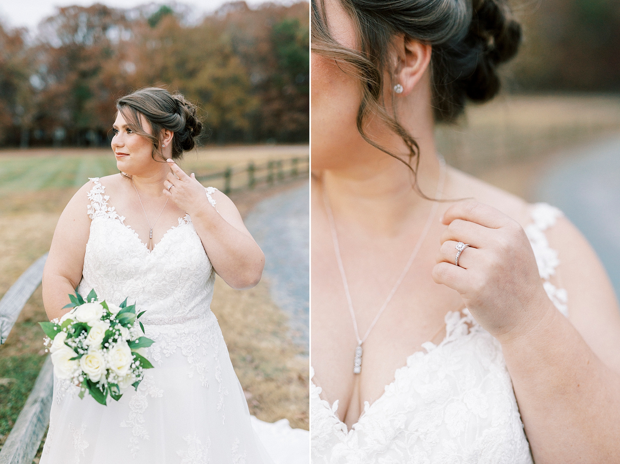 bride holds tendril of hair in hand showing off engagement ring