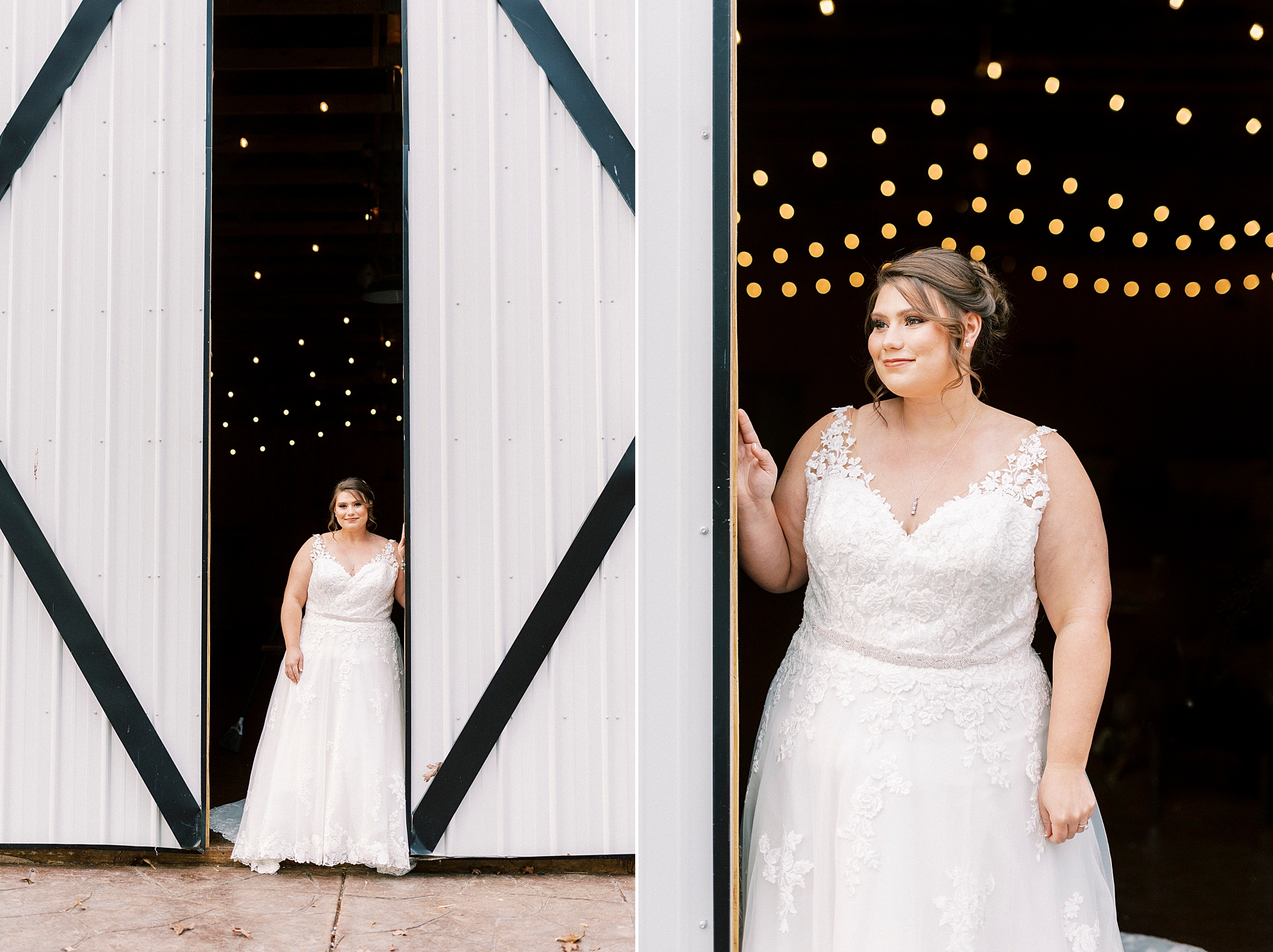 bride smiles leaning against white barn door with bistro light behind her