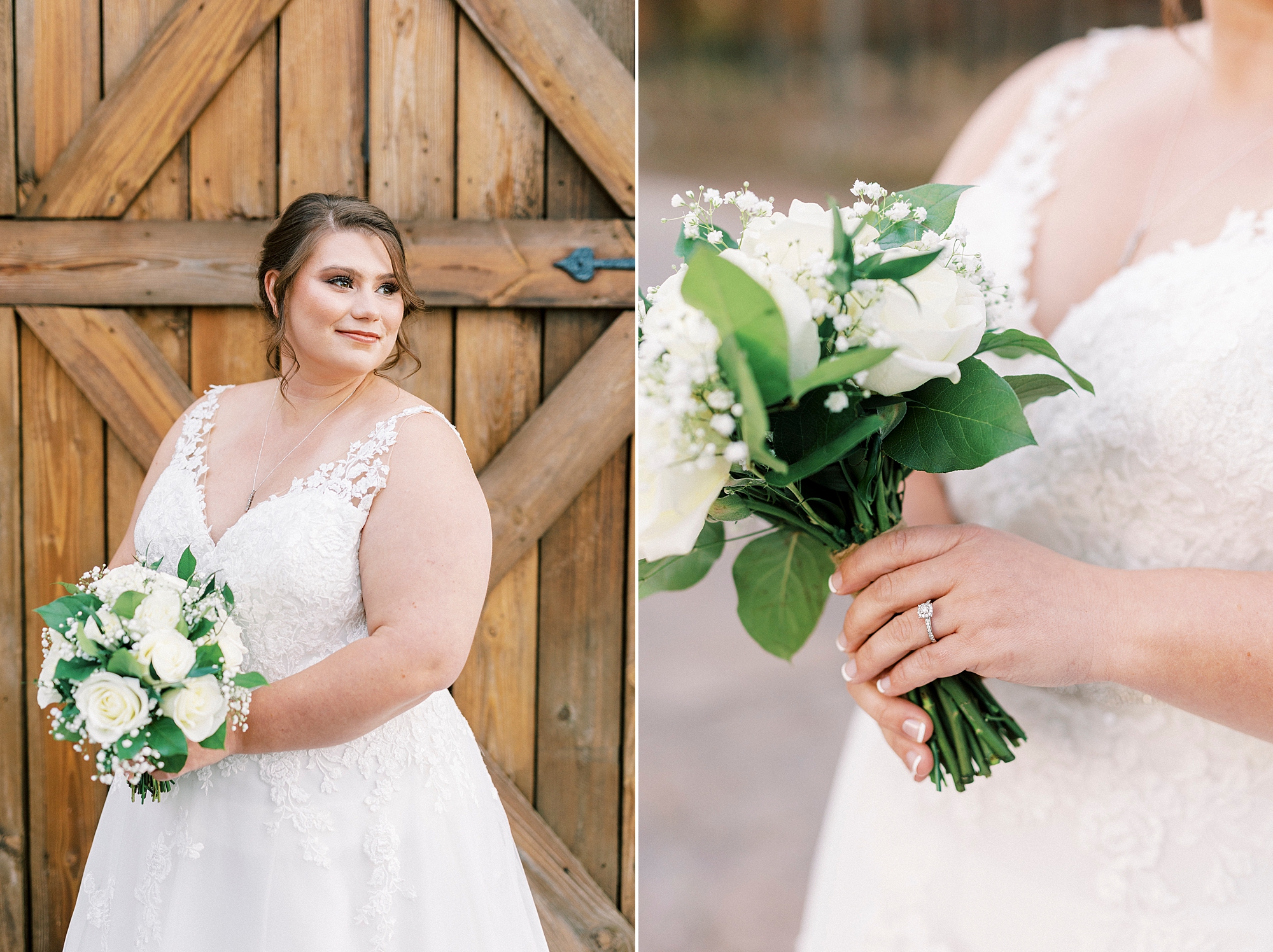 bride holds bouquet of white roses with baby's breath by wooden barn doors at the Farm at Brusharbor