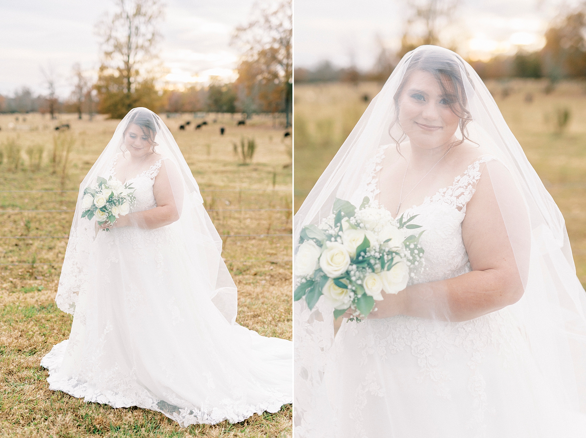 bride smiles holding bouquet of white roses with veil over her head