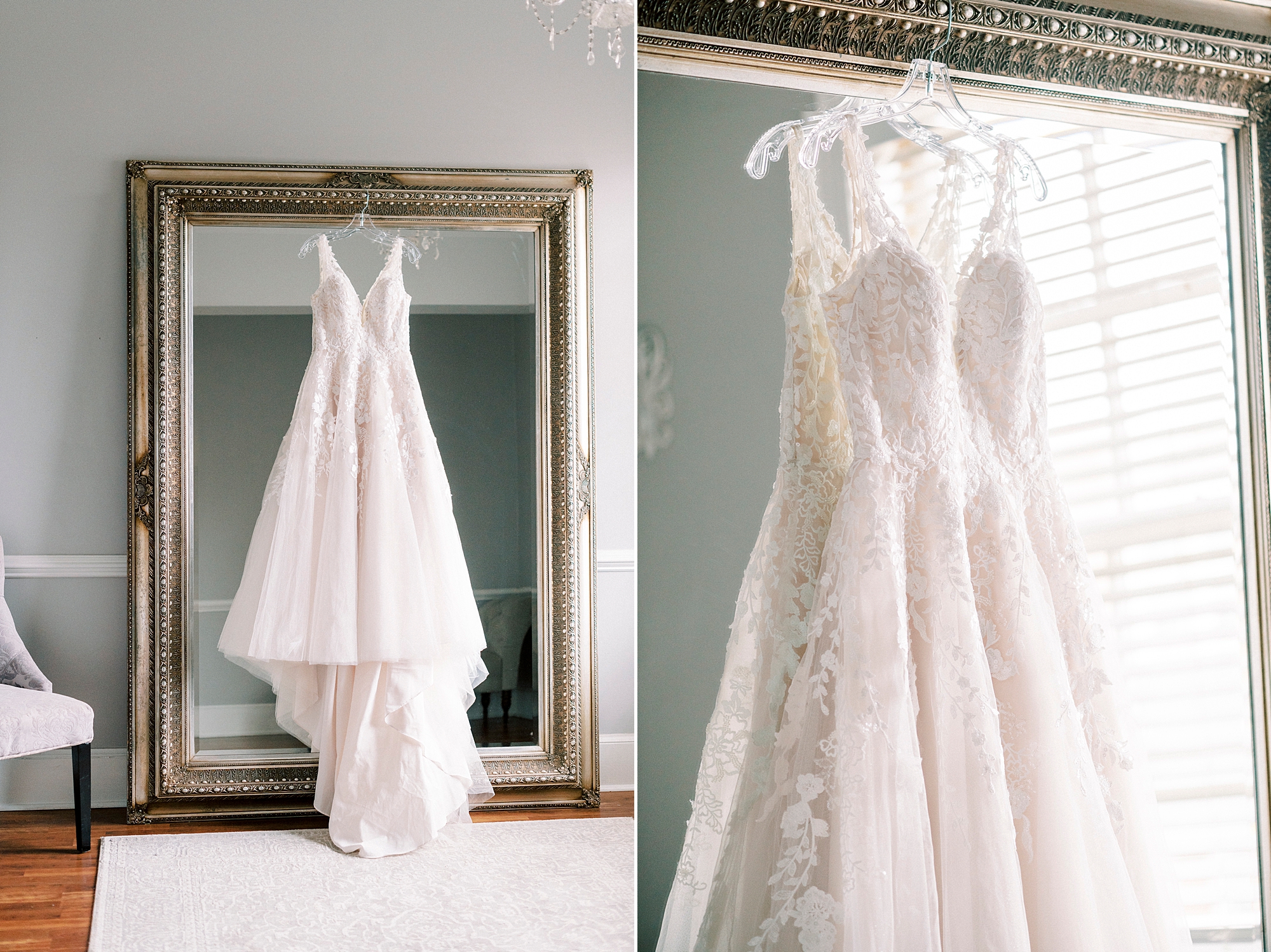 wedding dress hangs on gold framed mirror in bridal suite at the Separk Mansion