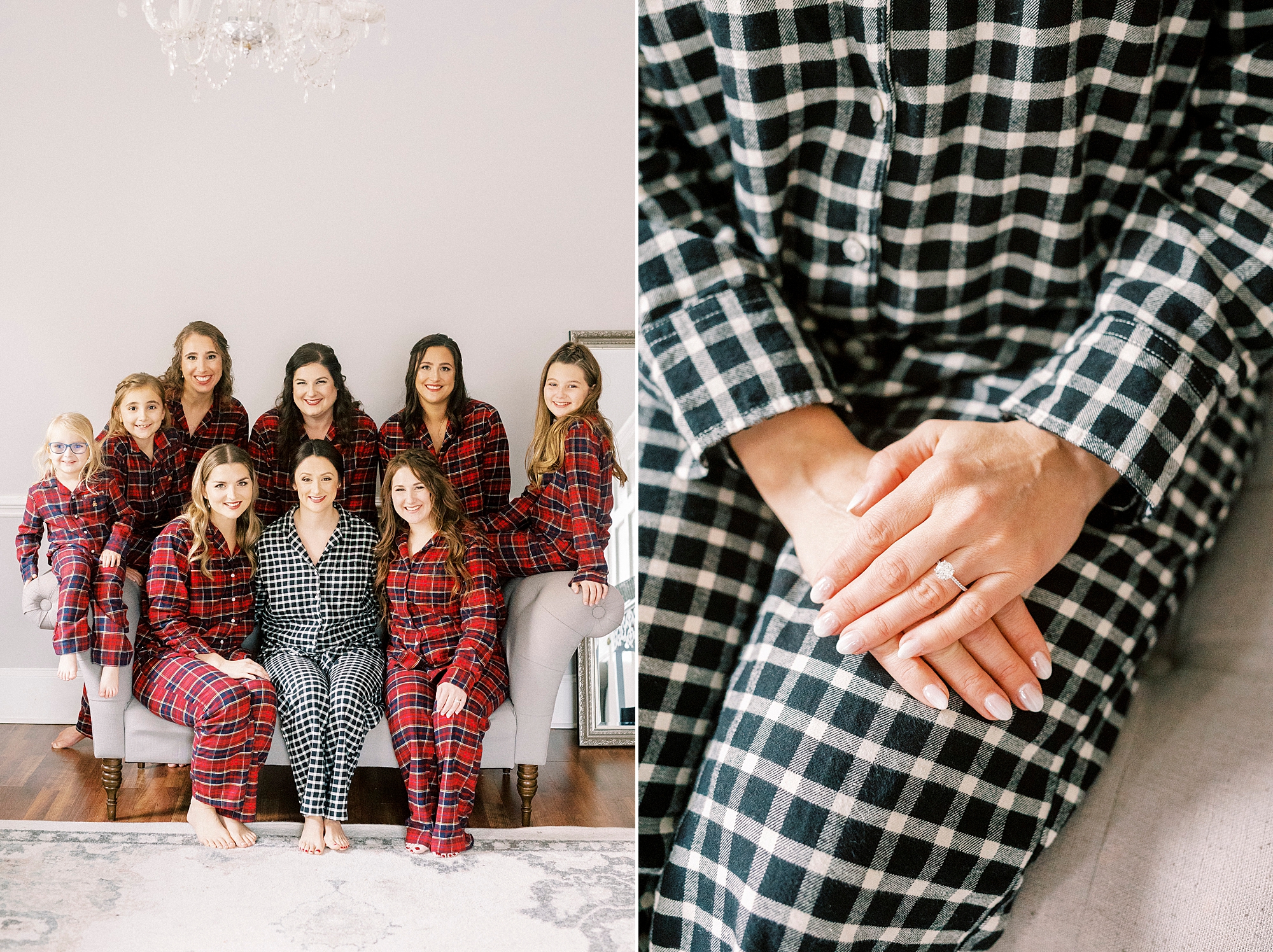 bridesmaids sit in red flannel pajamas with bride inside the suite at  Separk Mansion