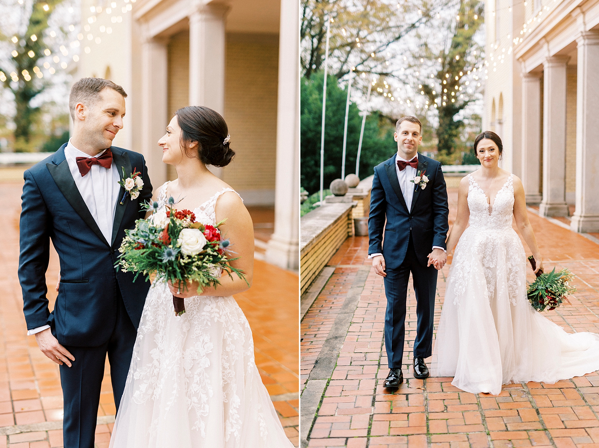 newlyweds hold hands walking on patio at the Separk Mansion