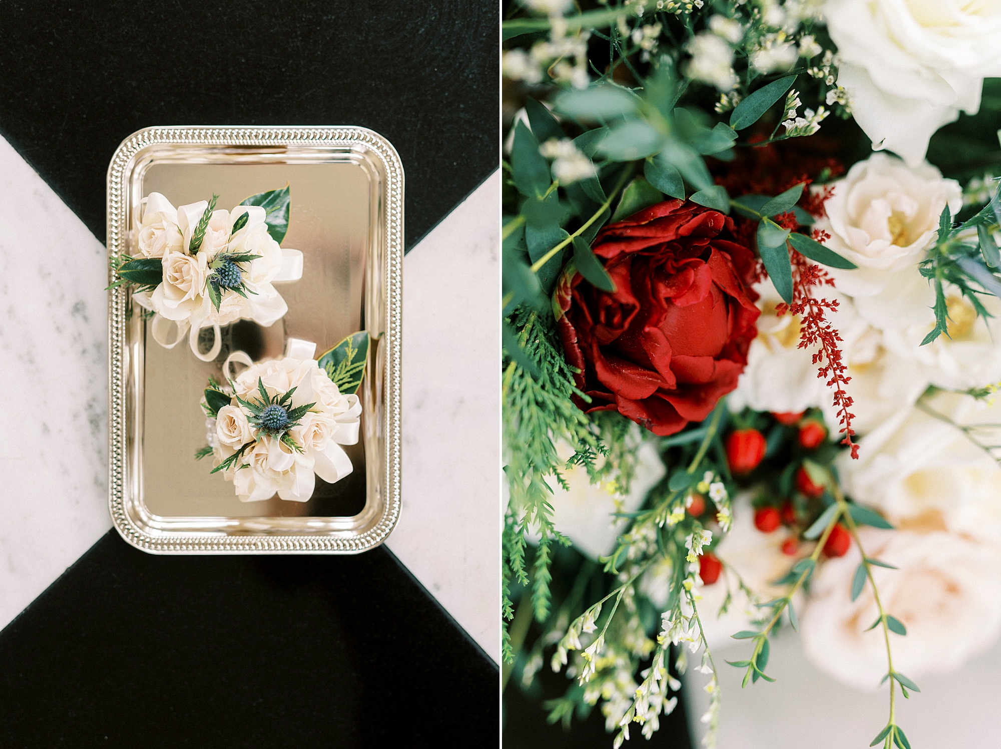 groom's white boutonnière and bride's bouquet with red flowers for classic winter wedding at Separk Mansion 