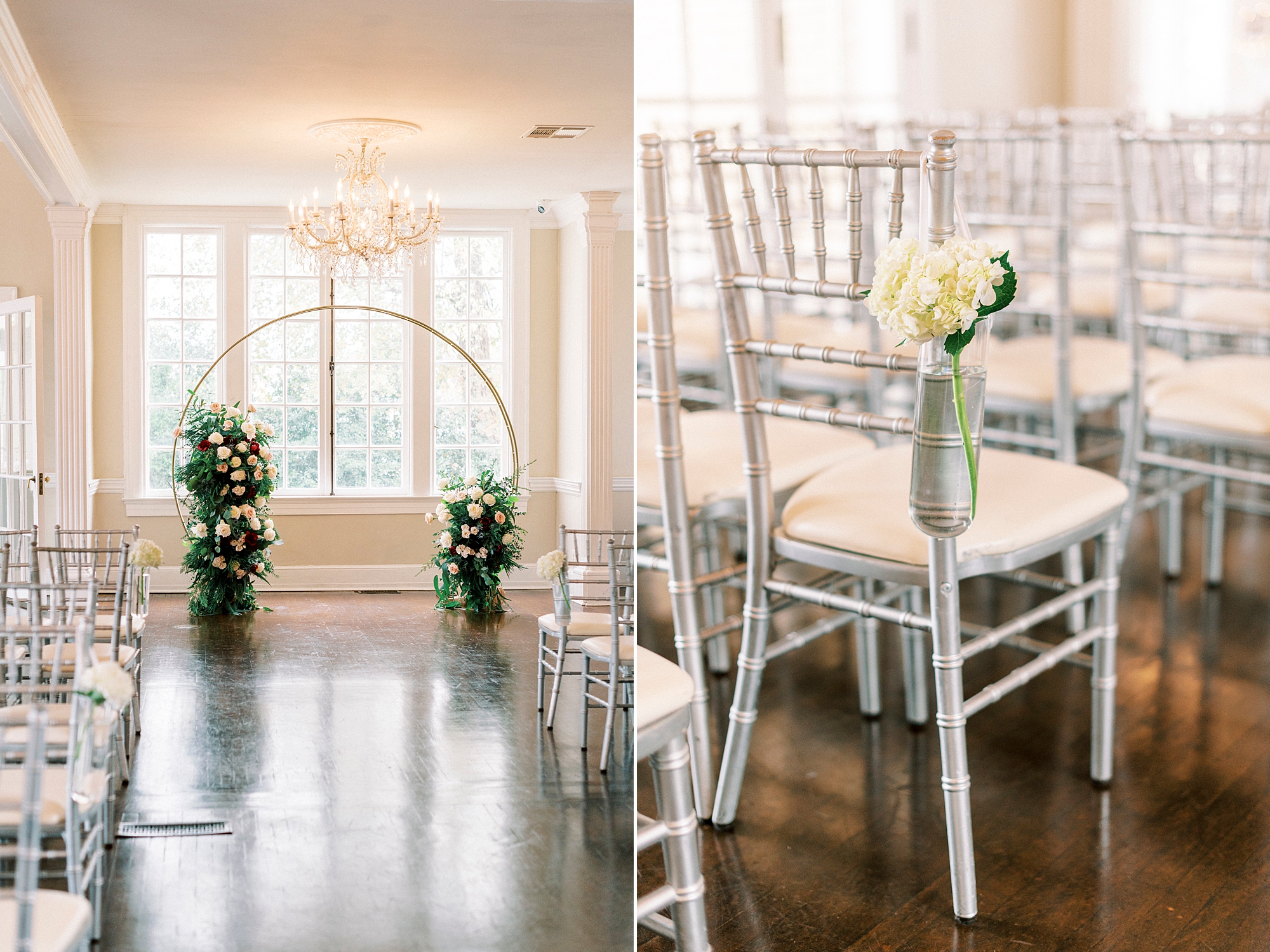 white florals and gold arch for classic winter wedding ceremony inside Separk Mansion