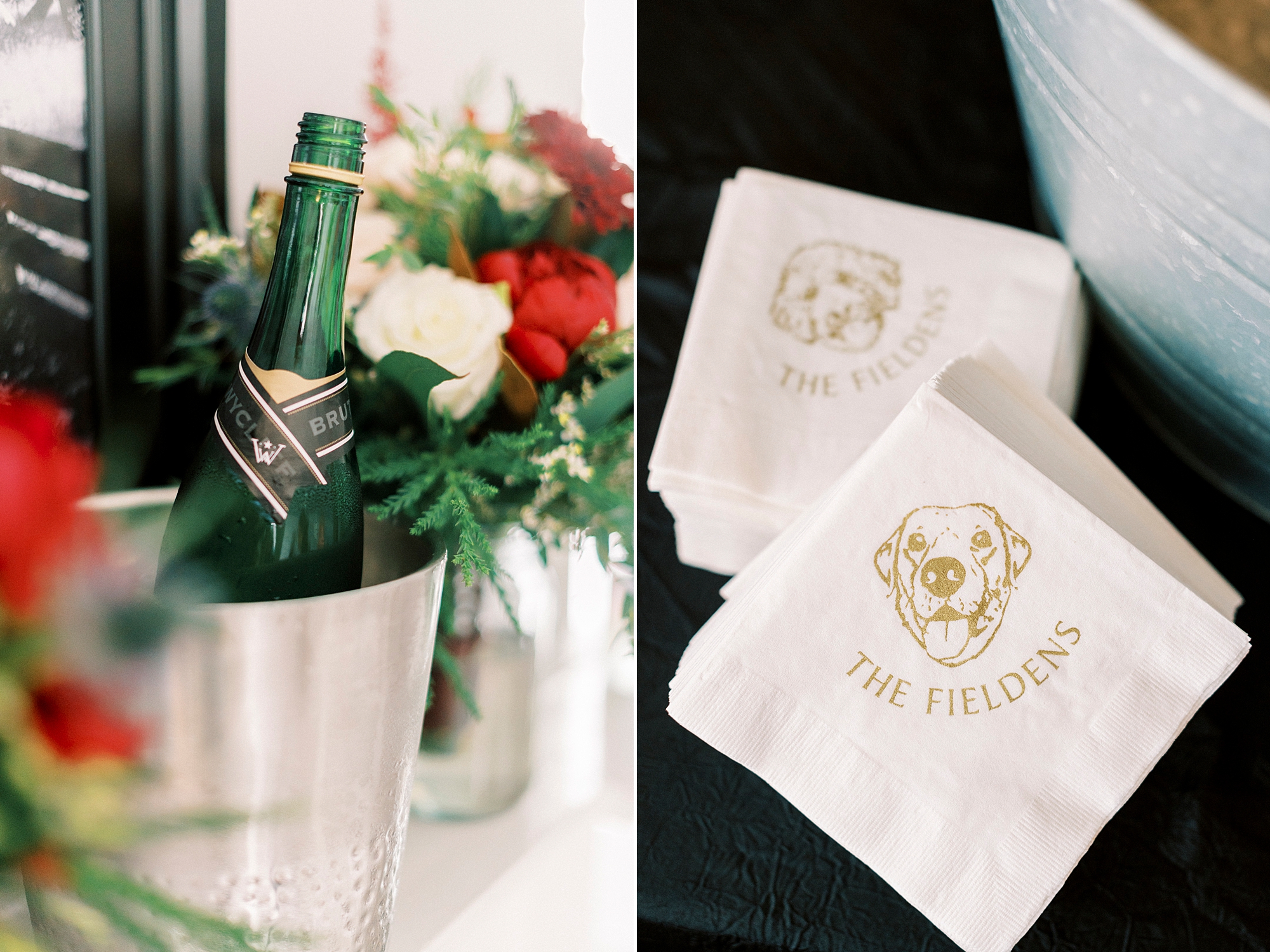 champagne rests in ice bucket next to custom napkins featuring dog for winer wedding 