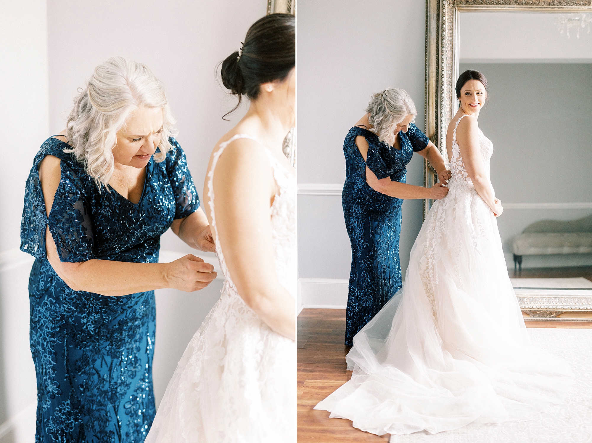 mother helps bride into wedding dress in Seaprk Mansion bridal suite 