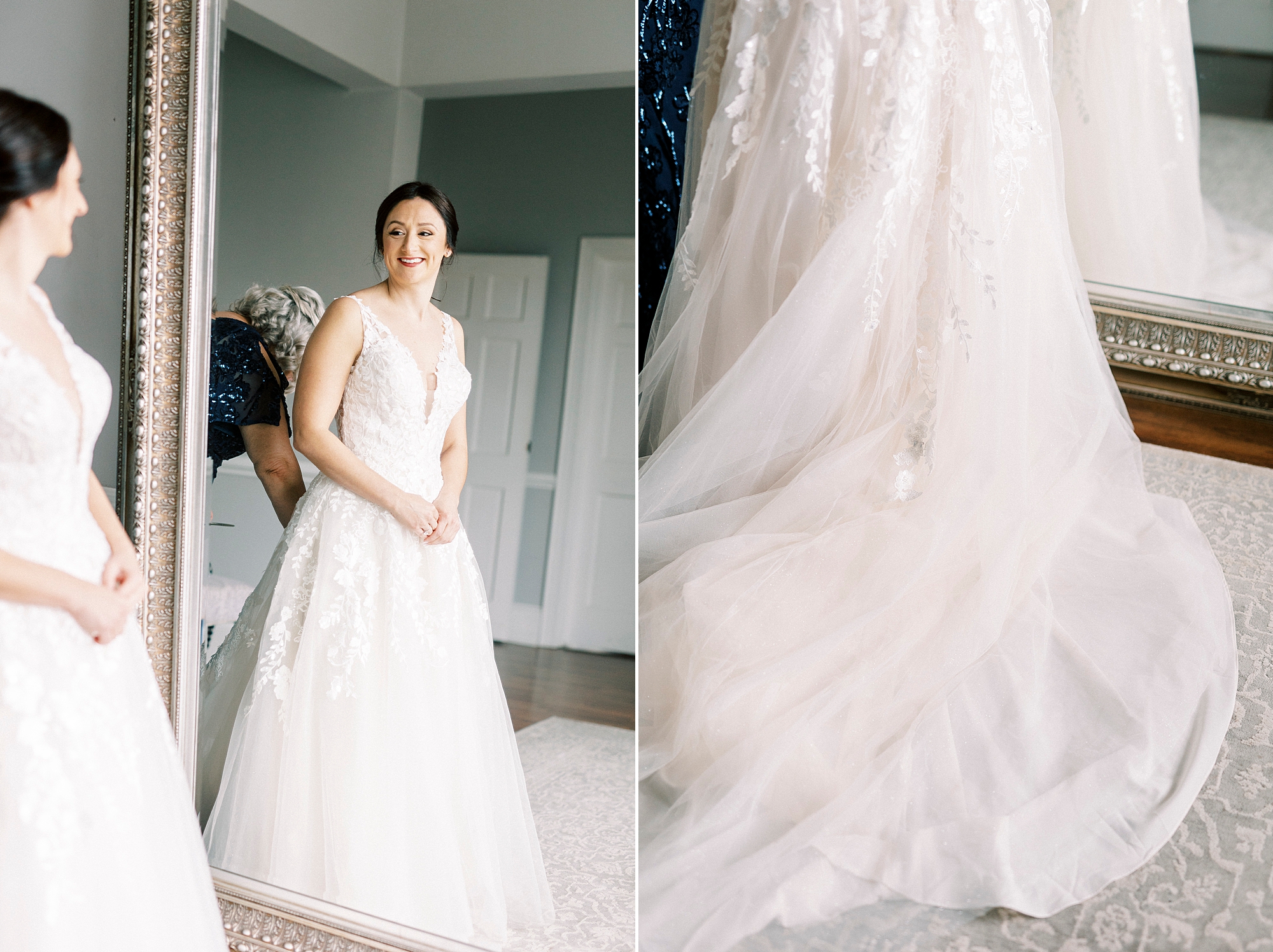 bride twirls wedding dress in front of mirror in Separk Mansion bridal suite 