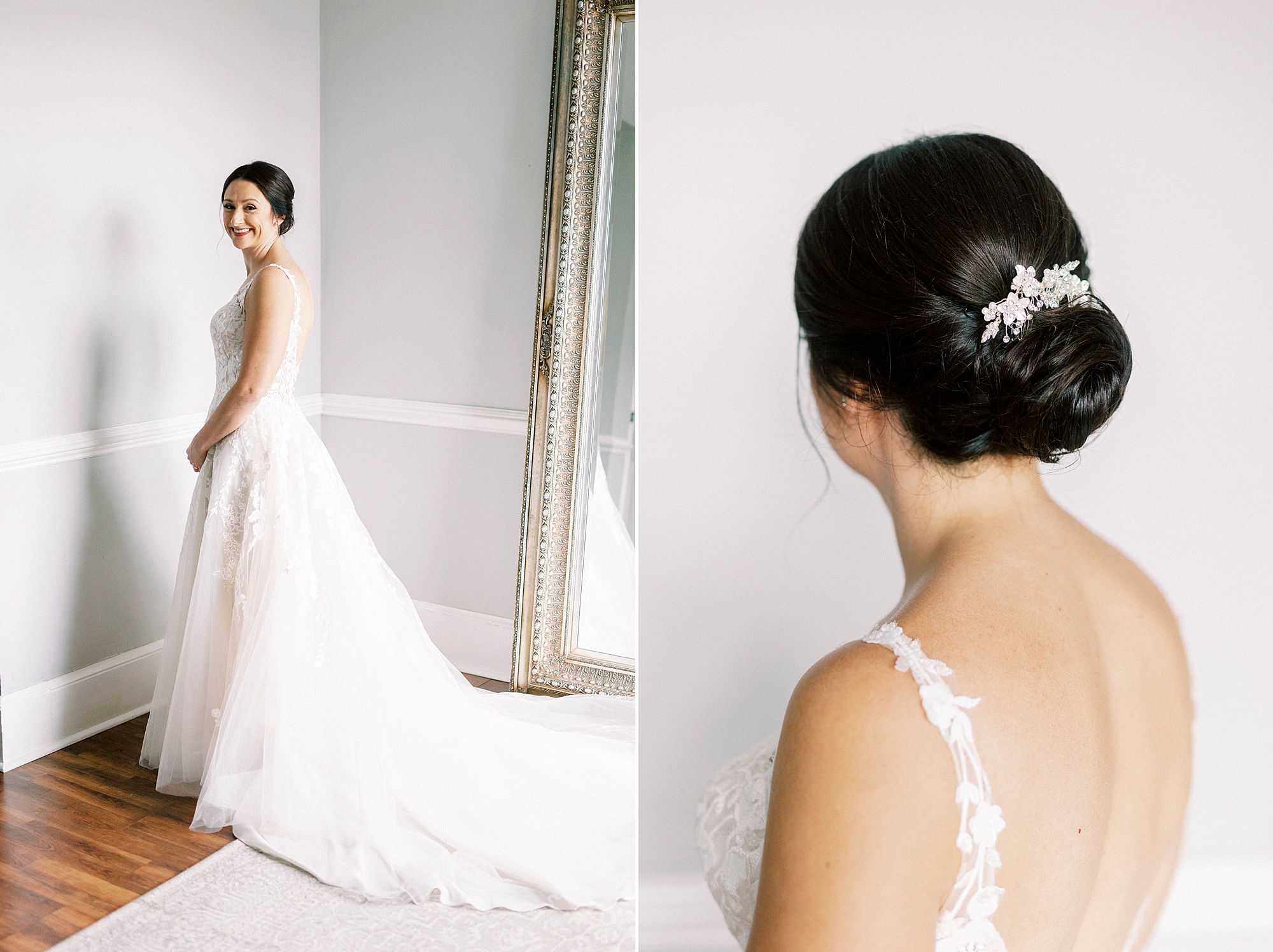 brunette bride shows off classic updo with diamond comb 
