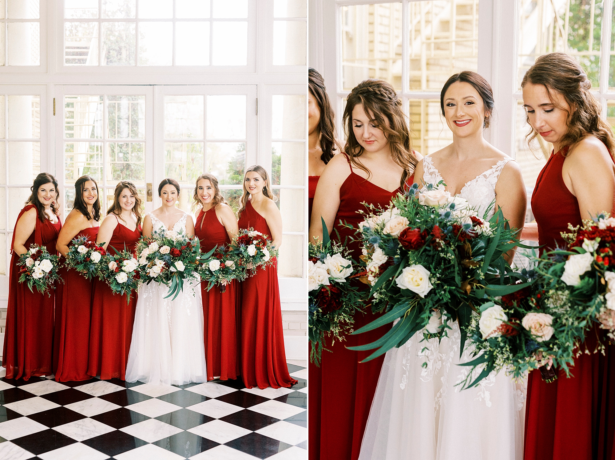 bride and bridesmaids in red gowns hug together inside Separk Mansion