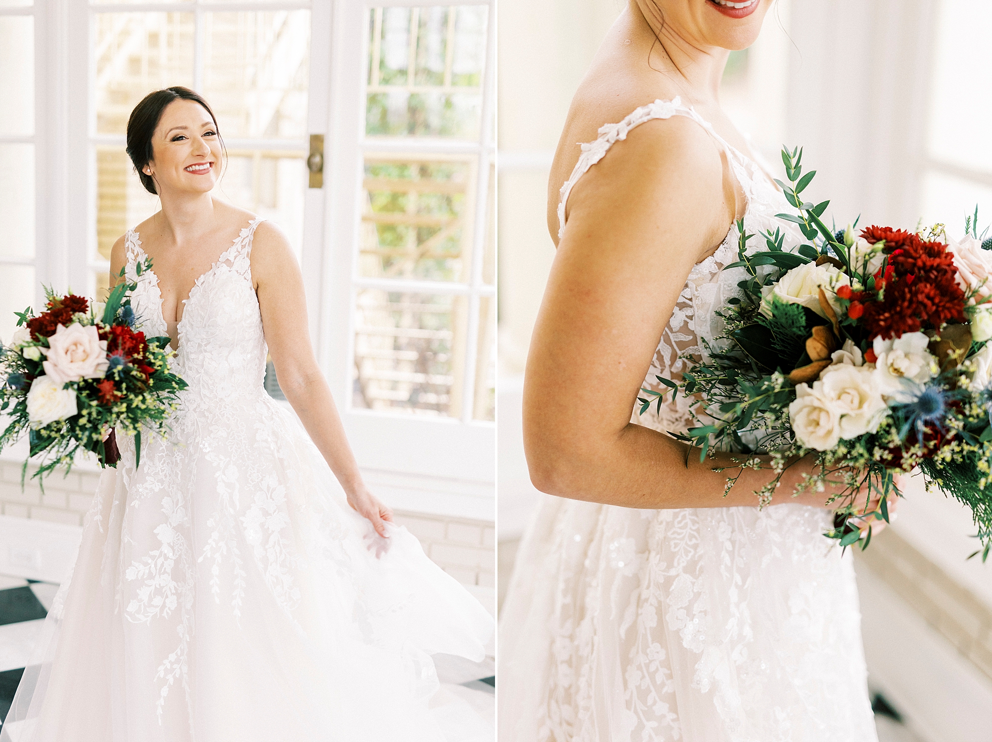 bride smiles and turns in wedding dress holding pink and red bouquet of flowers 