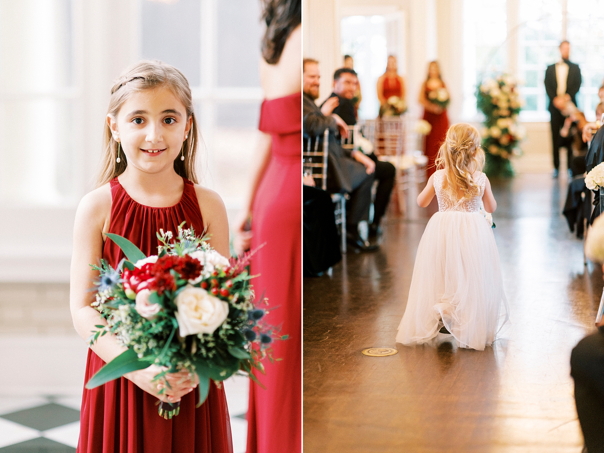 flower girl in red dress holds bouquet of red and white flowers 