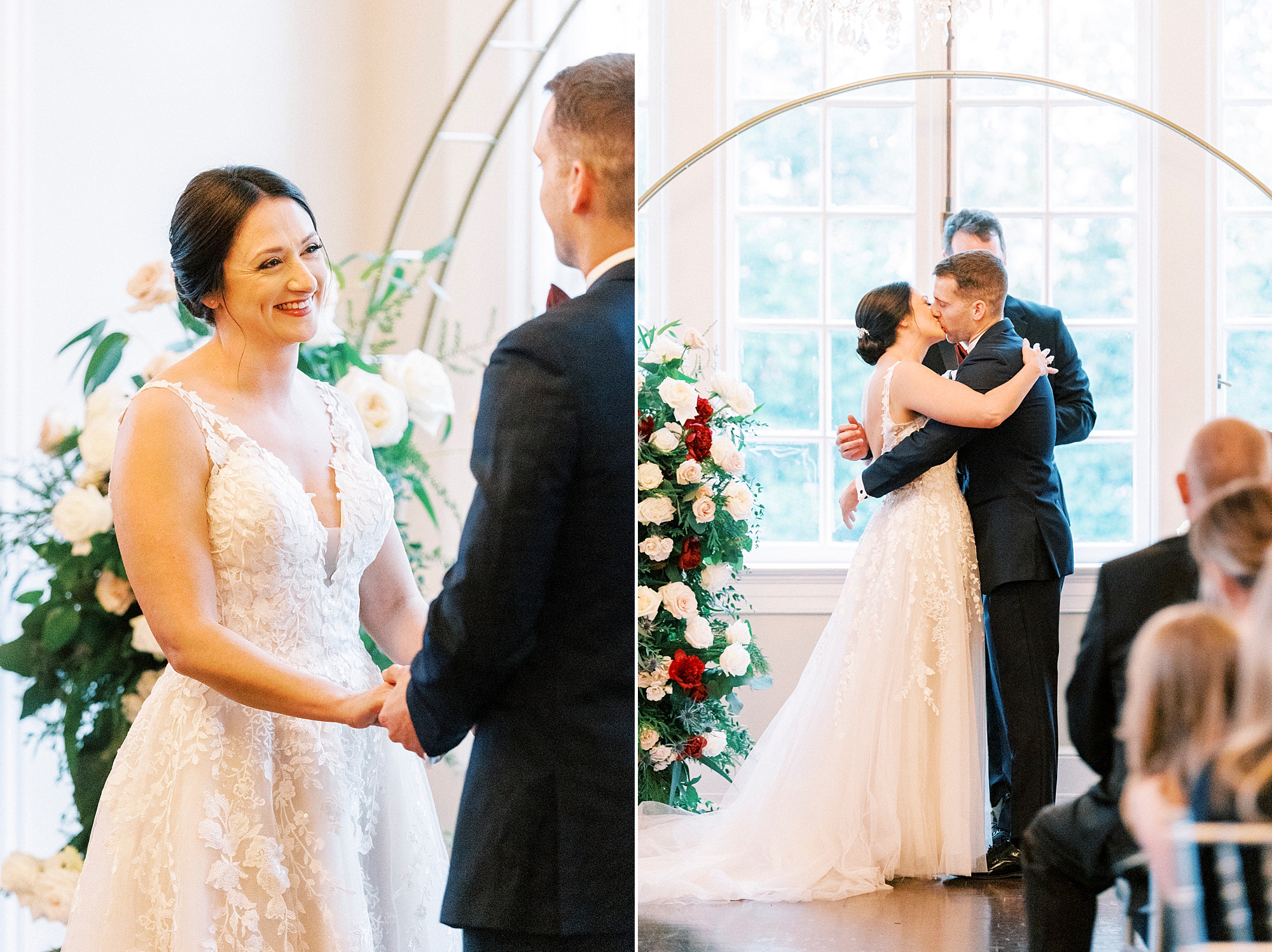 newlyweds kiss under gold arbor during ceremony inside Separk Mansion