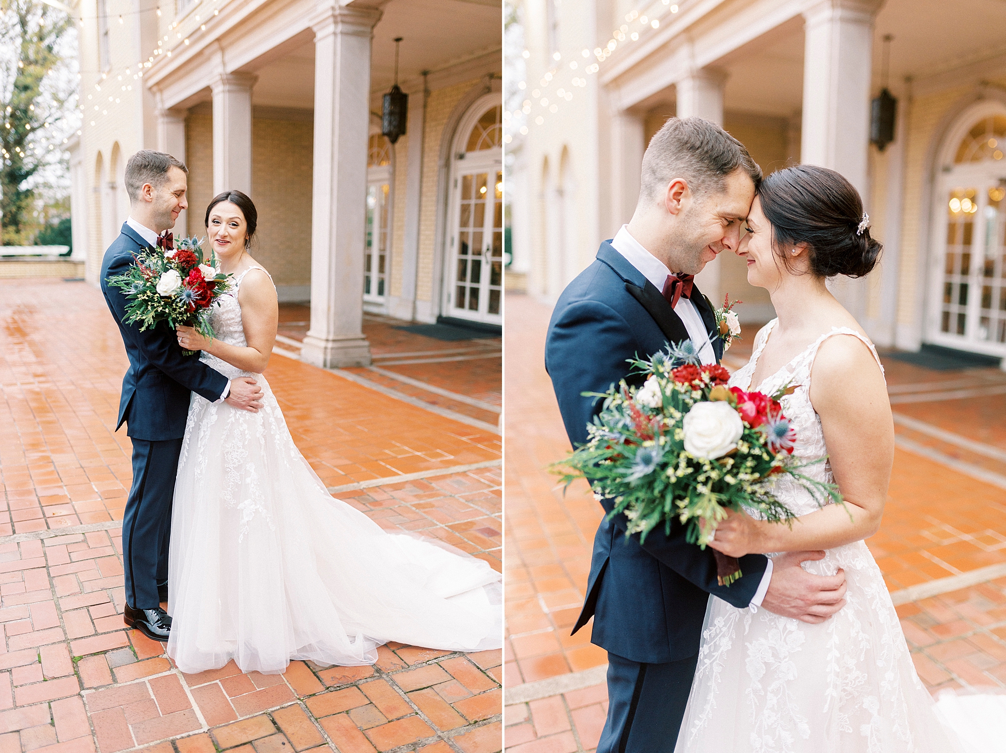 bride and groom lean heads together on rainy winter wedding day