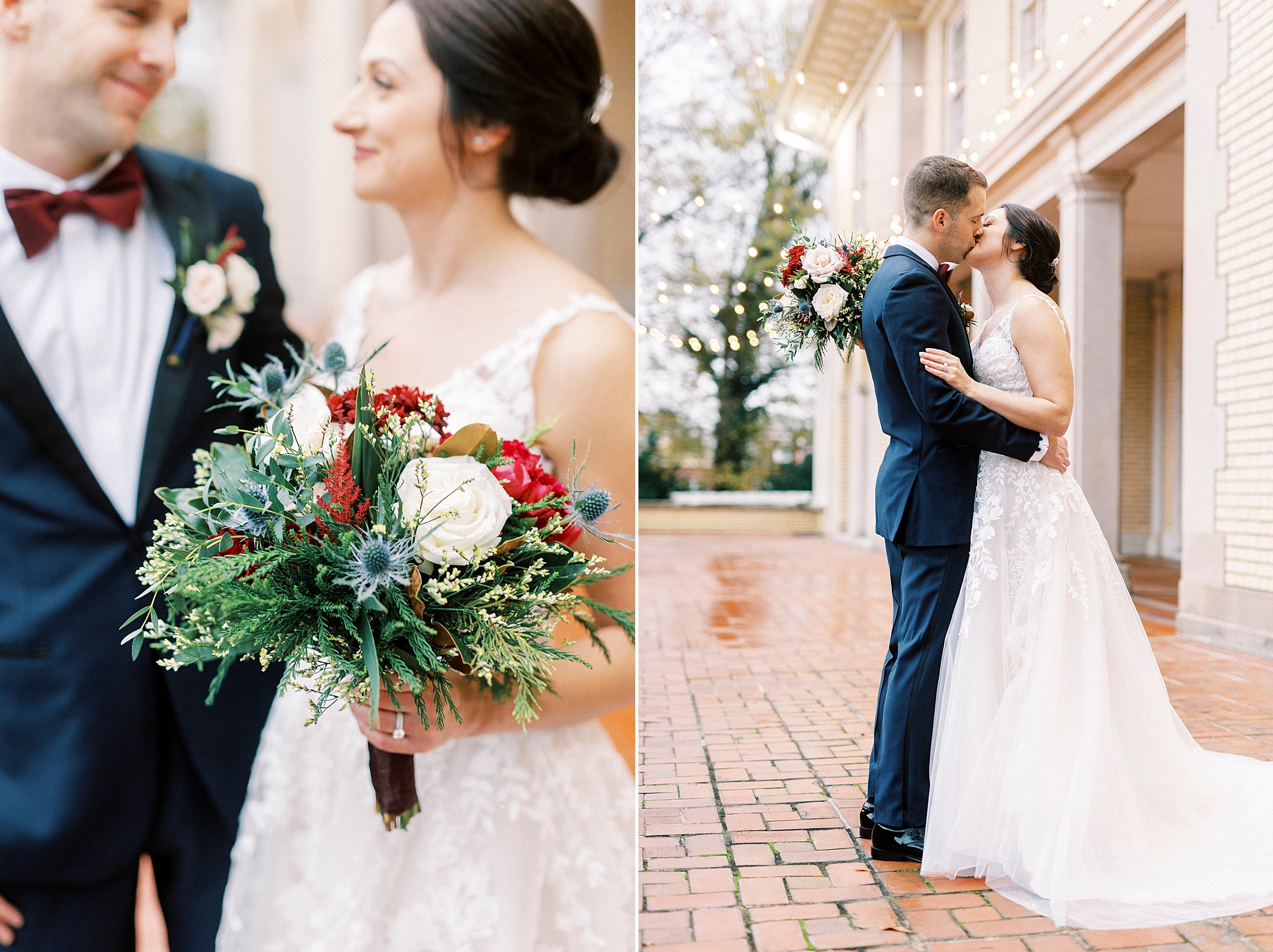 bride and groom kiss on brick patio at Separk Mansion